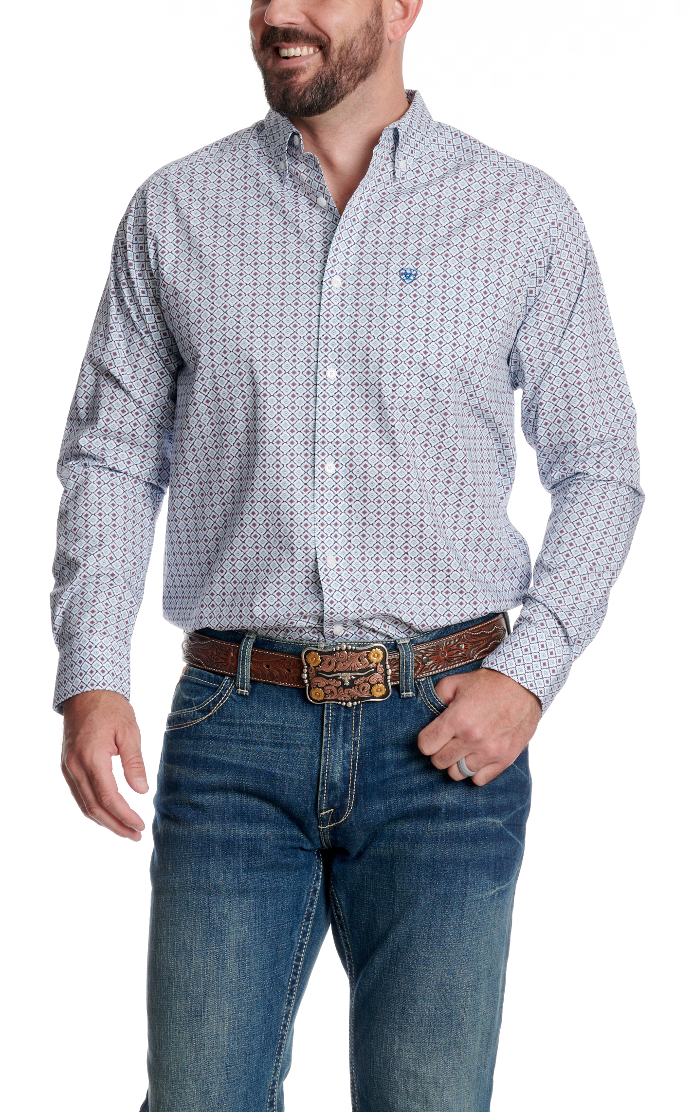 Ariat Men's White & Blue Geo Print Button Down Shirt - Image 1