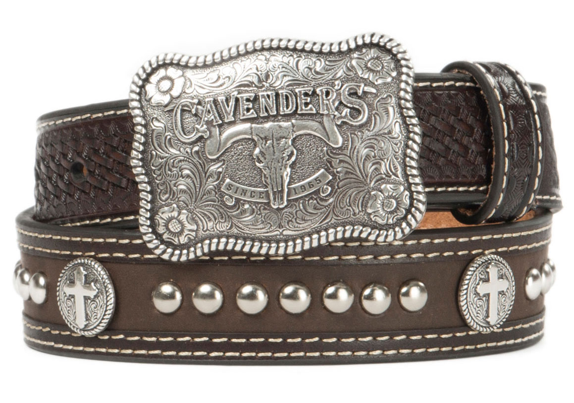 Cavender's Chocolate Basket Weave with Cross Conchos Western Belt - Image 1