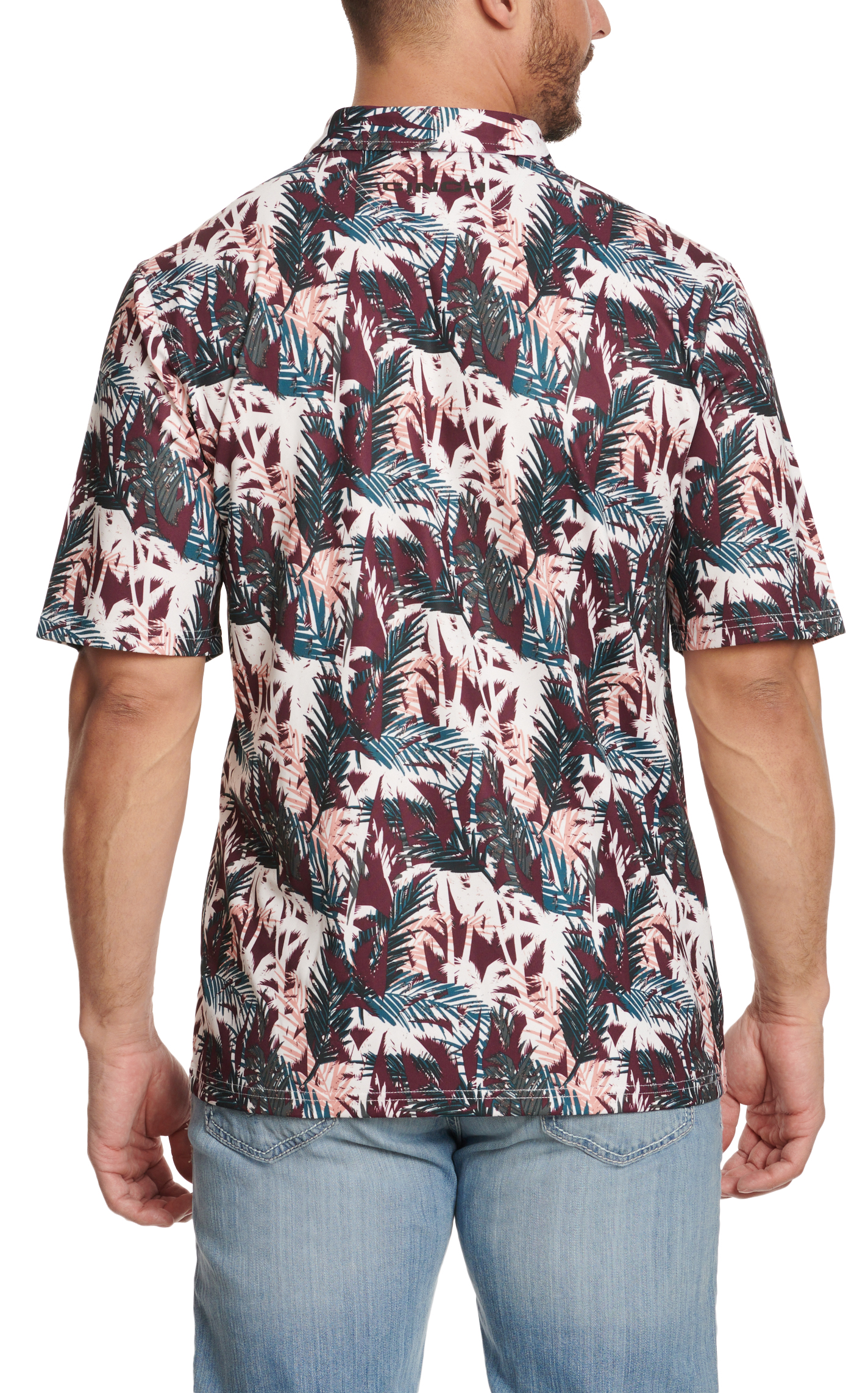 Cinch Men's Wine Teal & White Palm Leaf Print ArenaFlex Short Sleeve Polo Shirt - Image 1