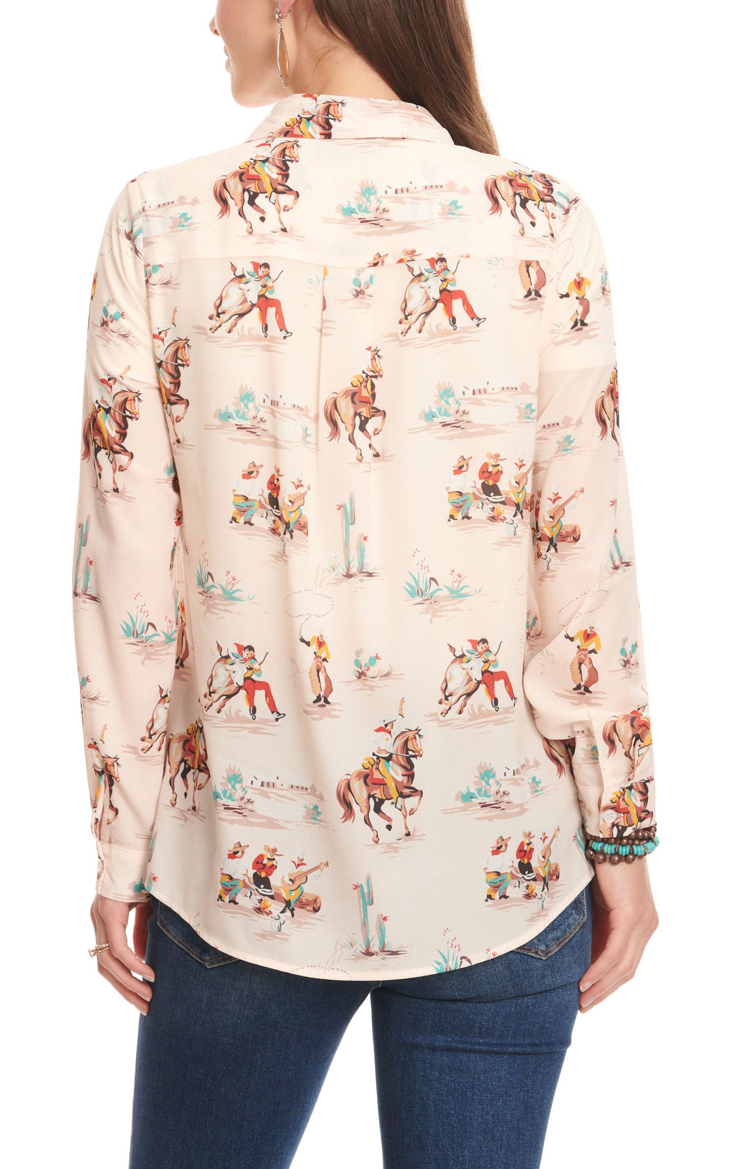 Fashion Express Women's Pale Peach & Colorful Retro Western Print Long Sleeve Top - Image 1