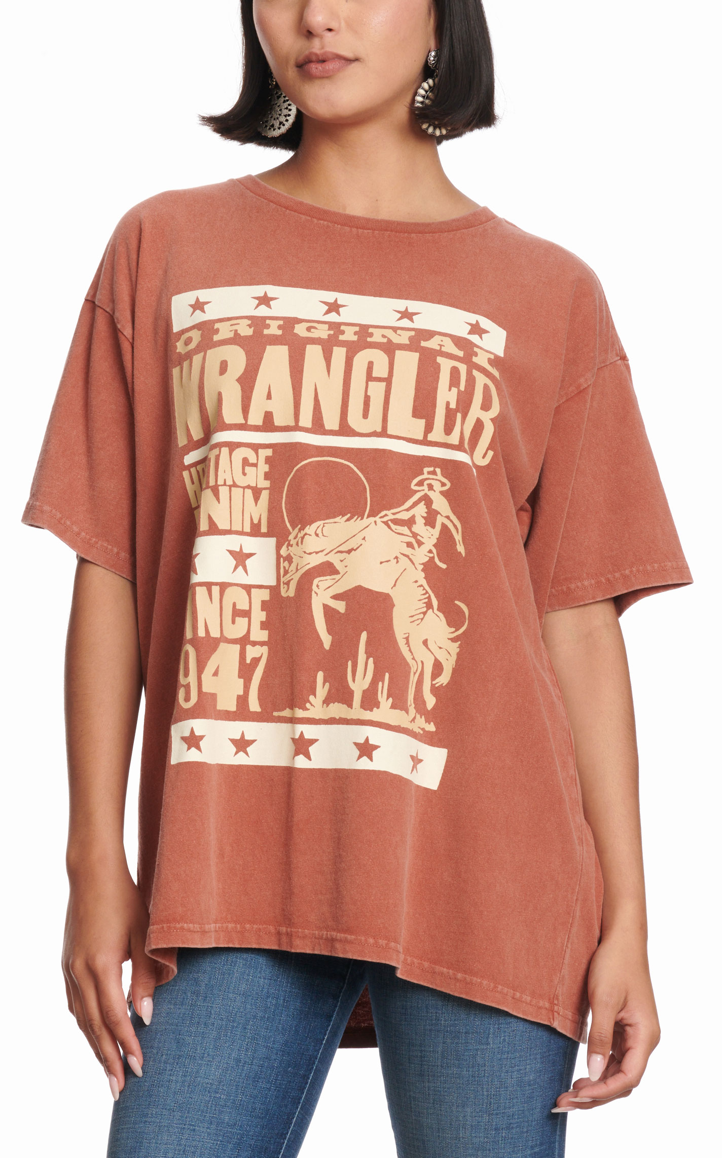 Wrangler Retro Women's Rust & Latte Heritage Denim Logo Graphic T-Shirt - Image 1