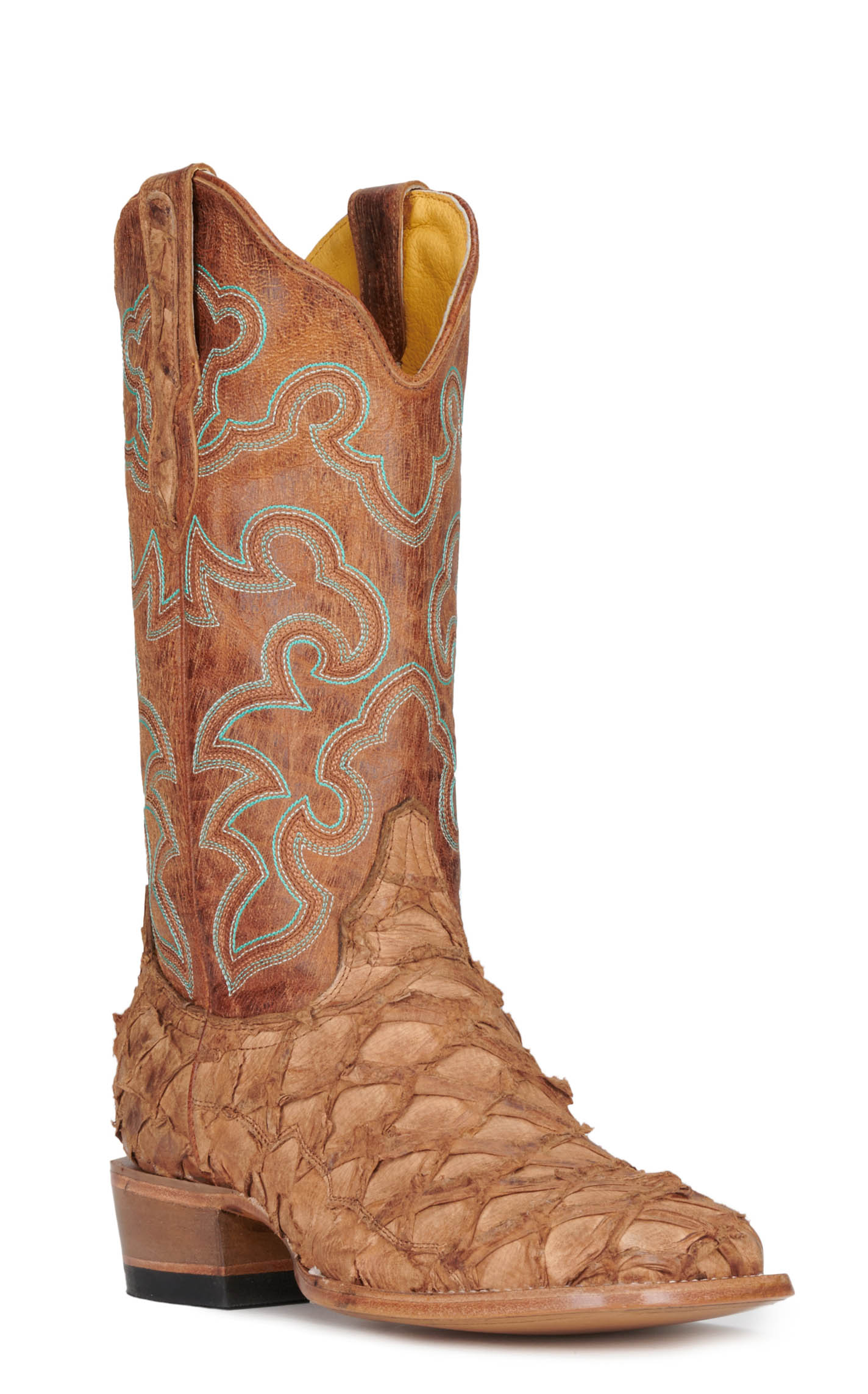 Cavender’s Women’s Pirarucu Saddle Tan and Nut Exotic Wide Square Toe Cowboy Boots - Image 1