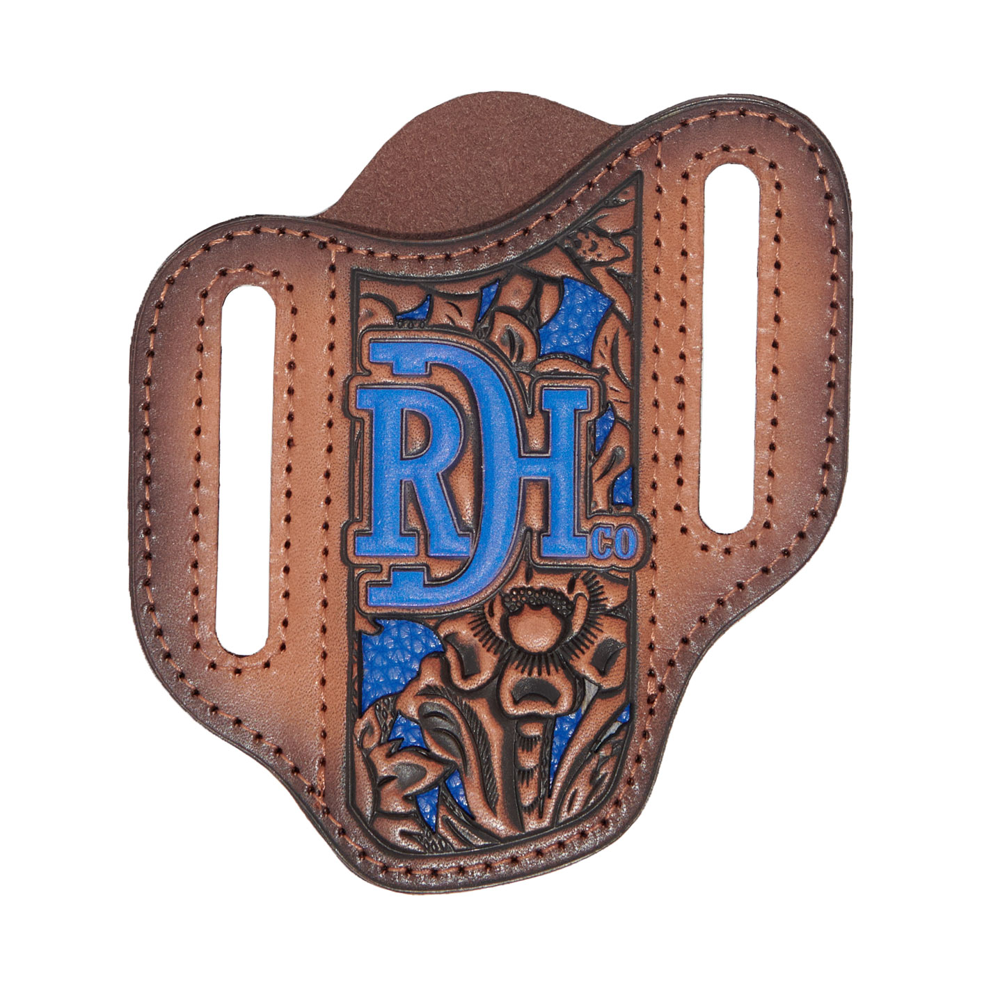 Red Dirt Hat Co Brown Tooled Leather & Blue Inlay Pancake Knife Sheath - Image 2
