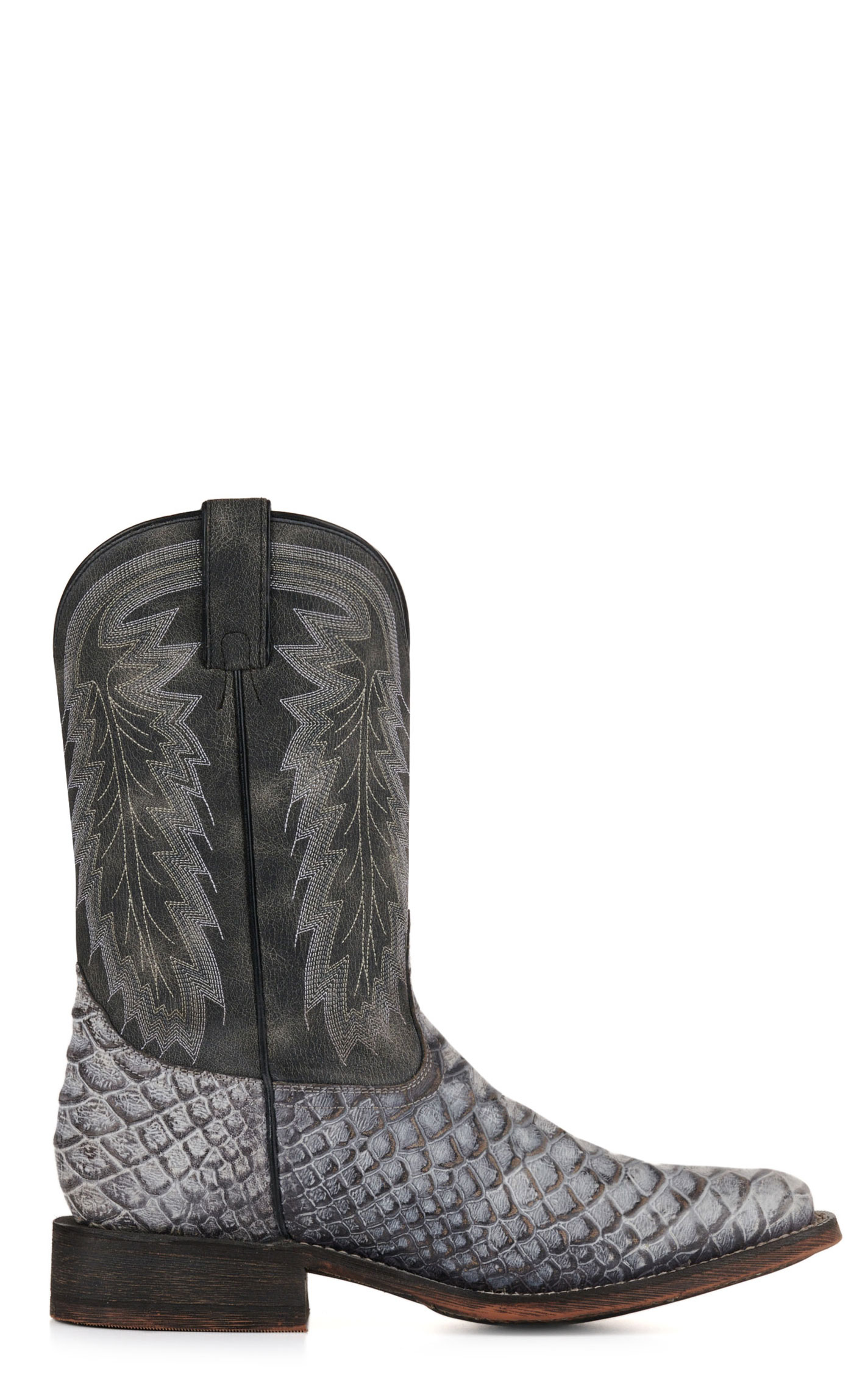 Nocona Men's Distressed Gray and Rugged White Snake Print Wide Square Toe Cowboy Boots - Image 1