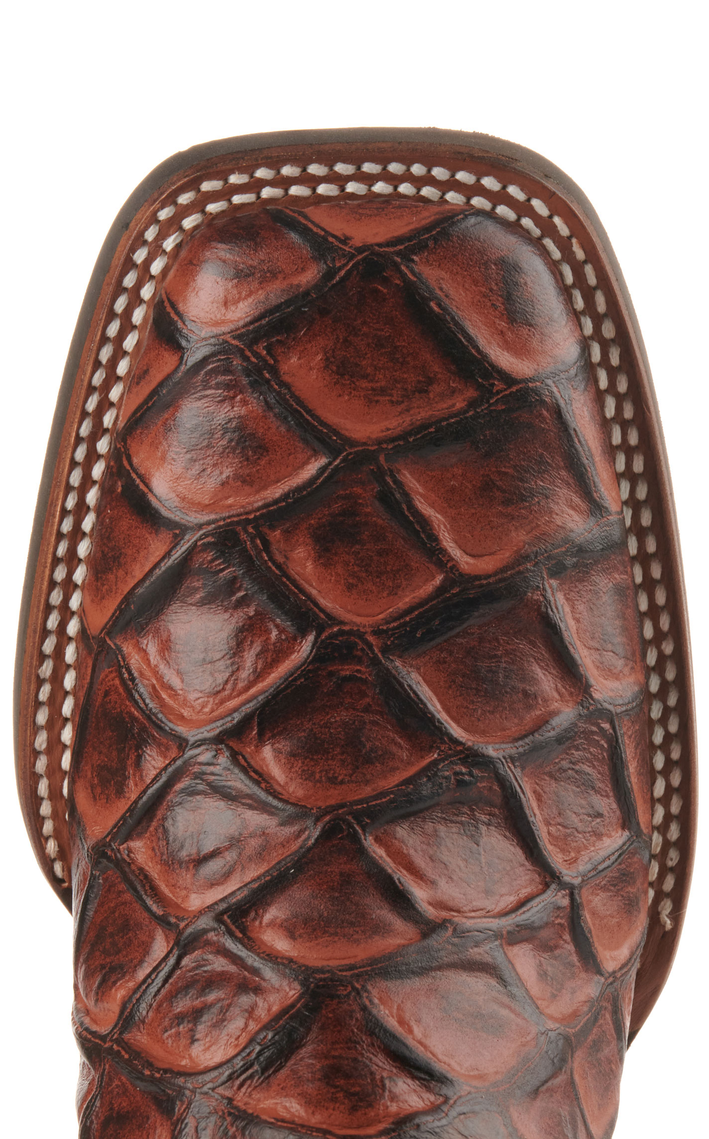 Cavender's Men's Intrepid Rust Pirarucu Print and Blue Wide Square Toe Cowboy Boots - Image 1