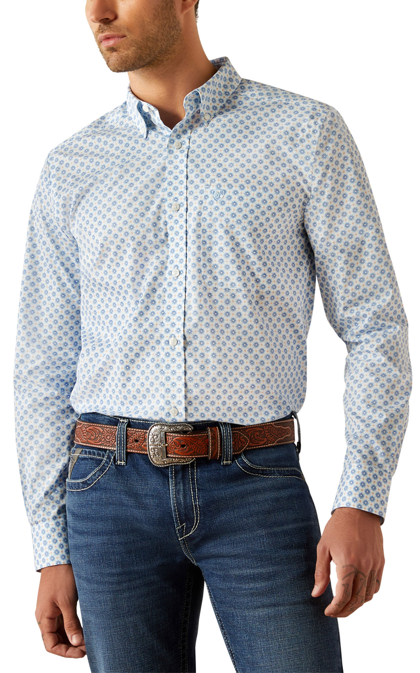 Ariat Men's Booker White & Blue Floral Geo Print Western Shirt - Image 1