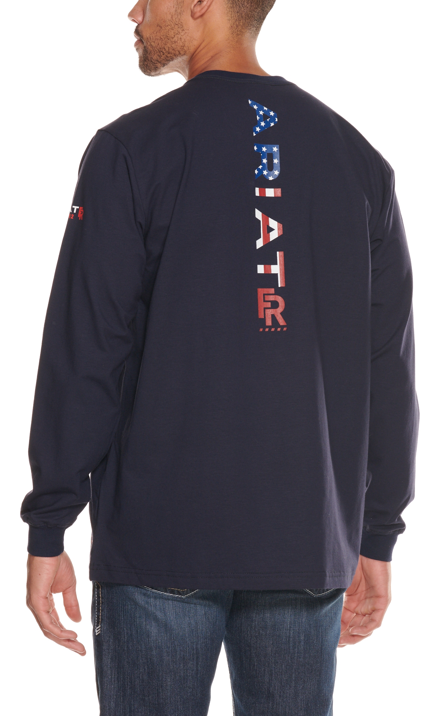 Ariat Men's Navy with USA Flag Logo Down Back Long Sleeve FR T-Shirt - Image 1