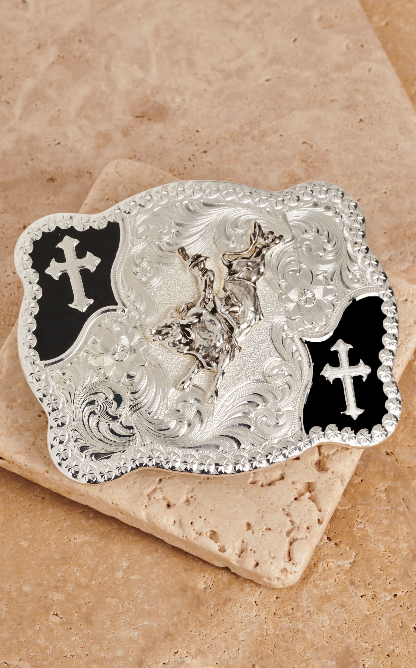 Montana Silversmiths Silver with Black and Crosses Bull Rider Scalloped Belt Buckle - Image 1