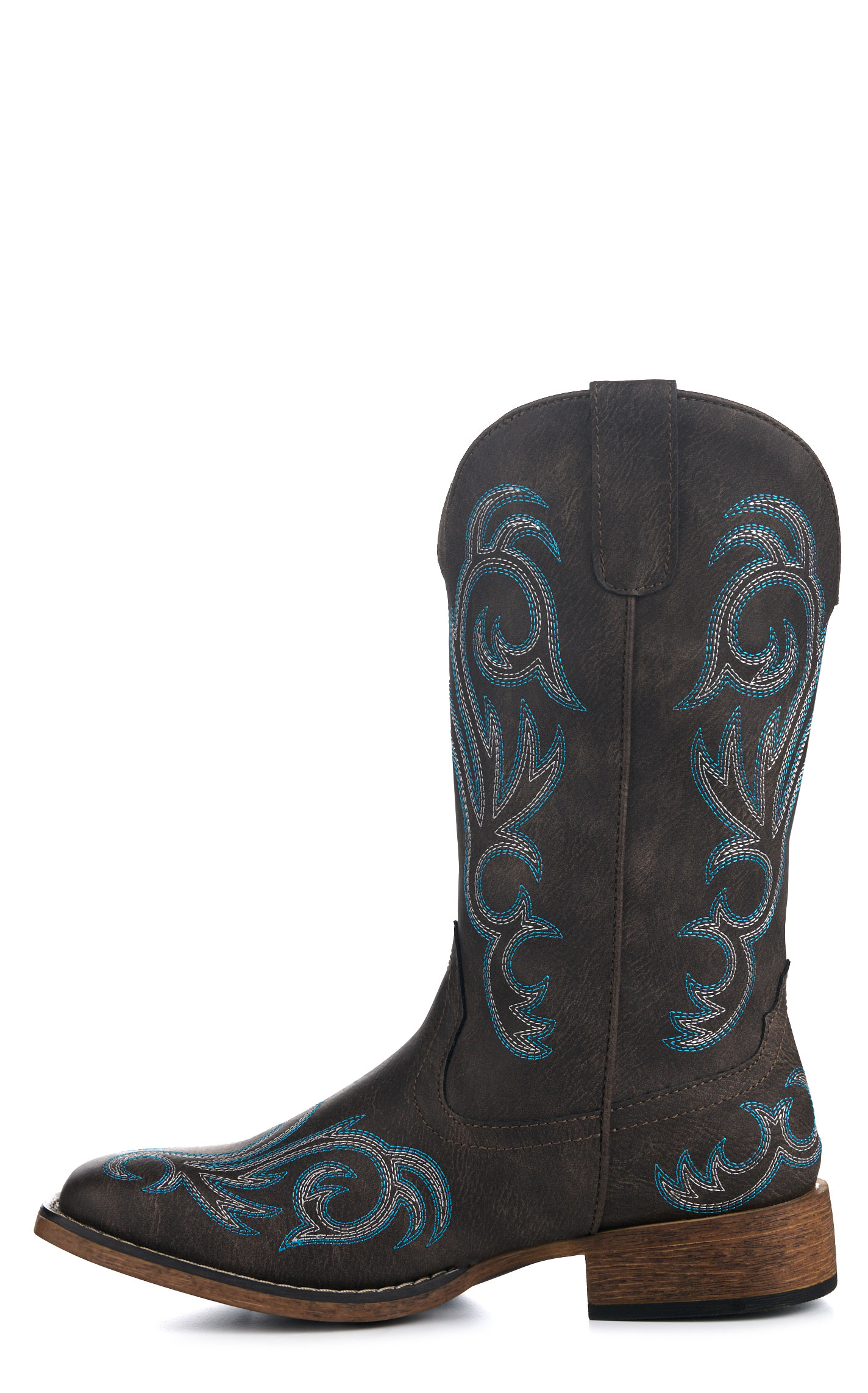 Roper Women’s Riley Brown with Blue Embroidery Faux Leather Wide Square Toe Cowboy Boots - Image 1