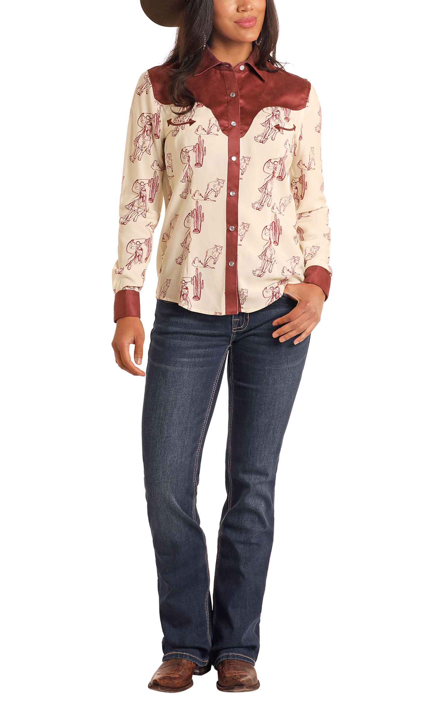 Panhandle Women's Chocolate Western Print & Faux Suede Top - Plus Sizes - Image 1
