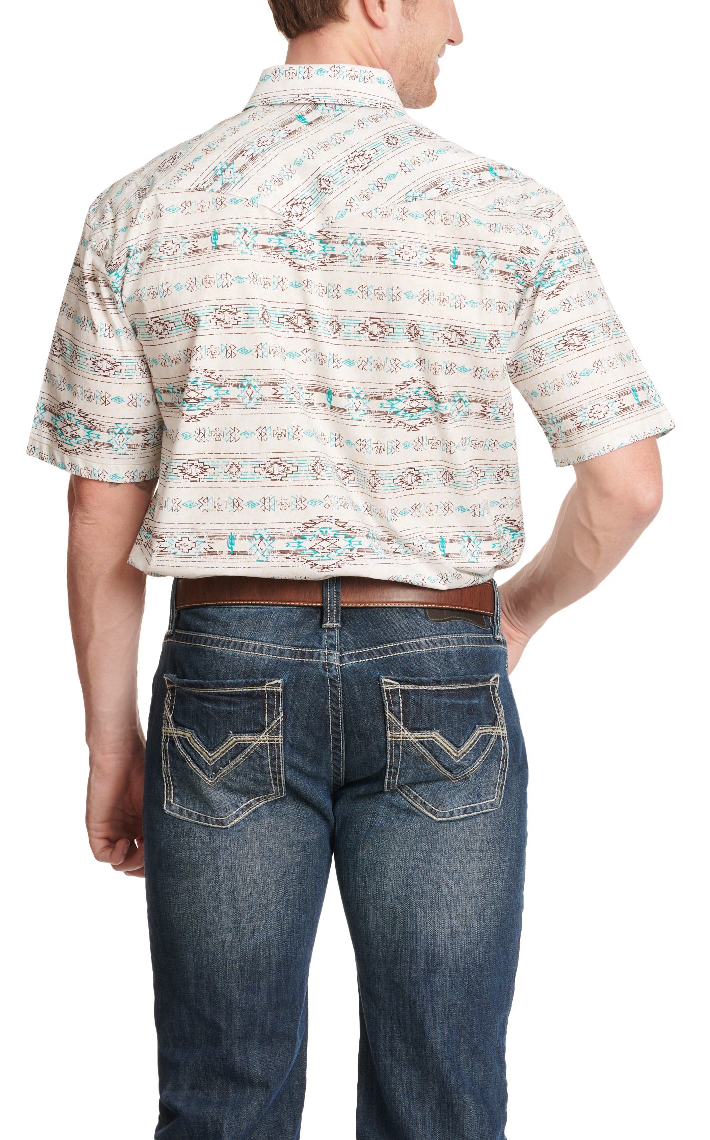 Panhandle Men's Rough Stock Turquoise & Chocolate Aztec Short Sleeve Western Shirt - Image 1