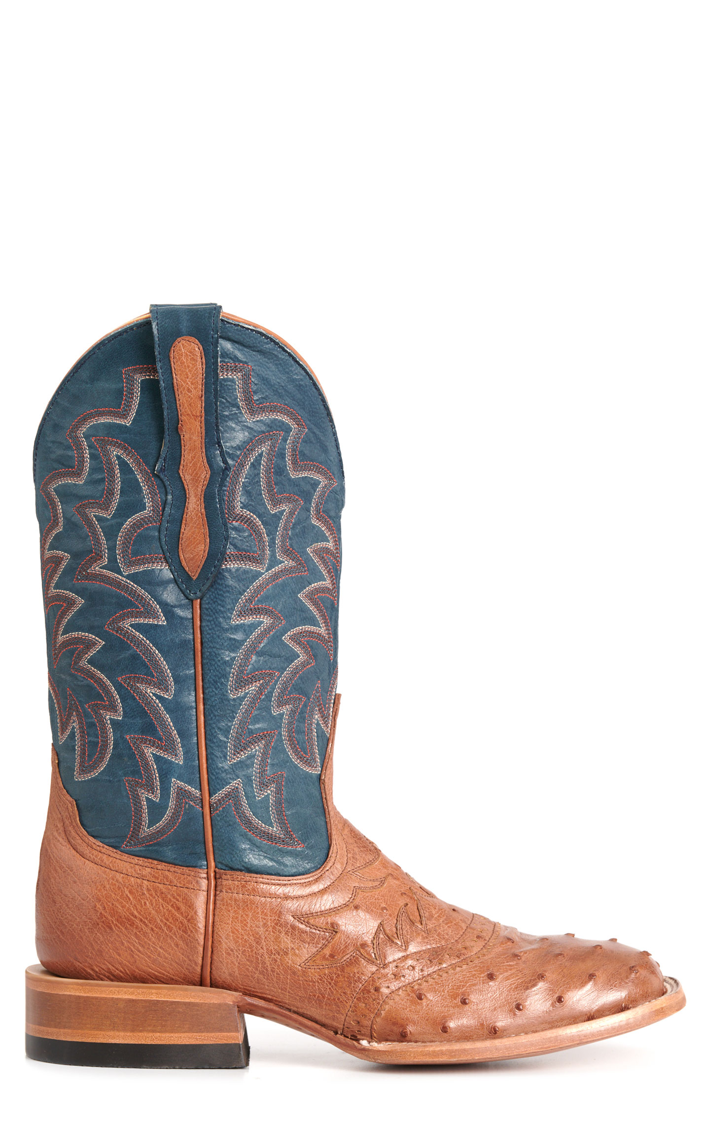 Cavender's Private Label Women's Horseman Cognac Ostrich & Blue Wide Square Toe Boots - Image 1