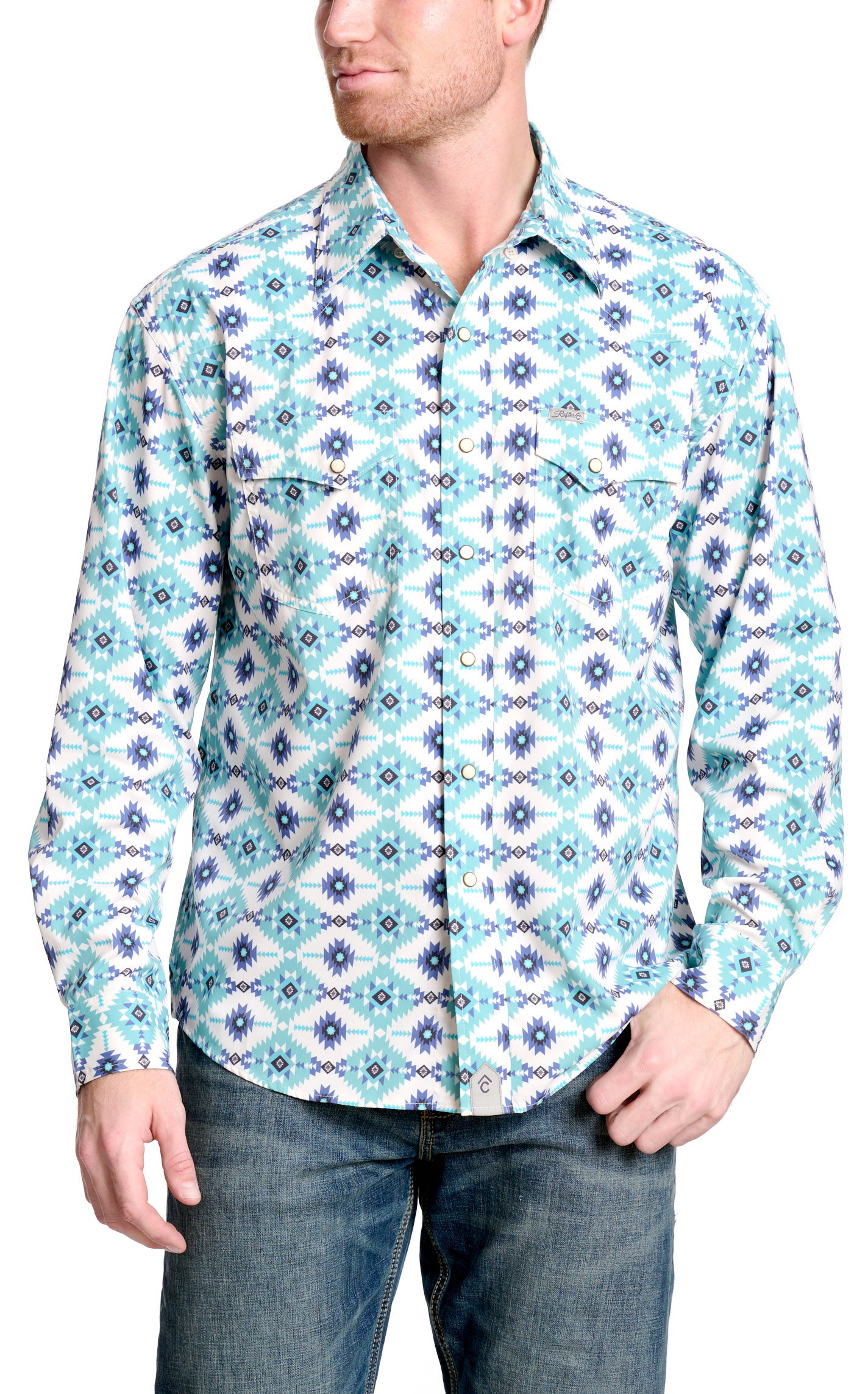 Rafter C Men's Turquoise Aztec Print Long Sleeve Fishing Shirt - Image 1