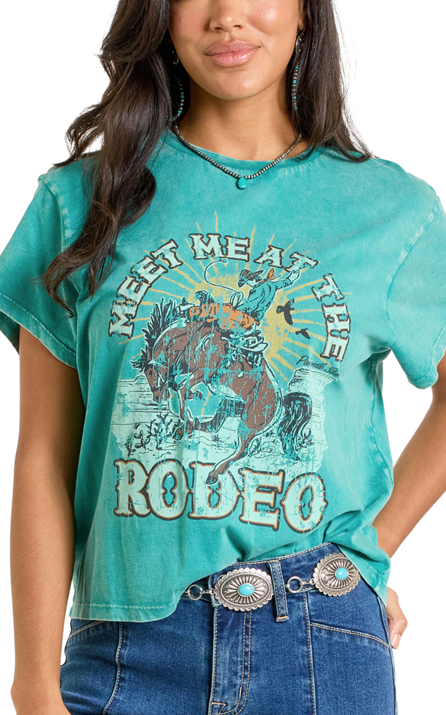 Panhandle Slim Women’s Turquoise “Meet Me at the Rodeo” Graphic T-Shirt - Image 3