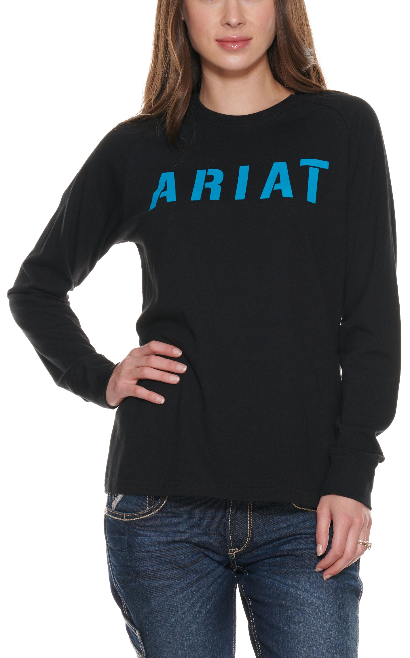 Ariat Women's Rebar Cotton Strong Black with Turquoise Logo Long Sleeve Work T-Shirt - Plus Sizes - Image 1