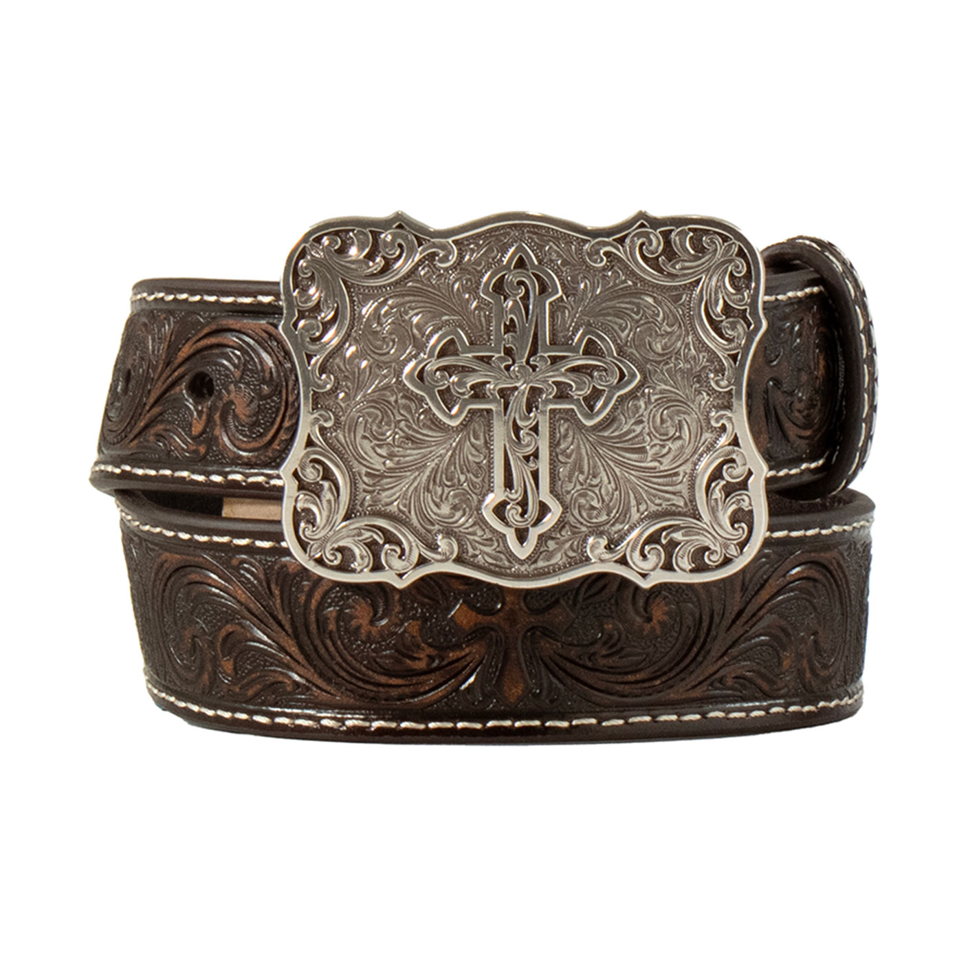 Nocona Girls' Silver Cross Buckle & Brown Tooled Leather Belt - Image 1