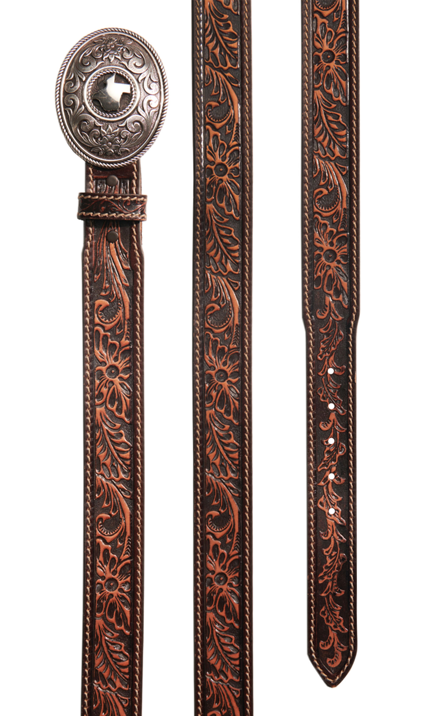 Justin Brown Tooled Genuine Leather Triple T Ranch Western Belt - Image 1