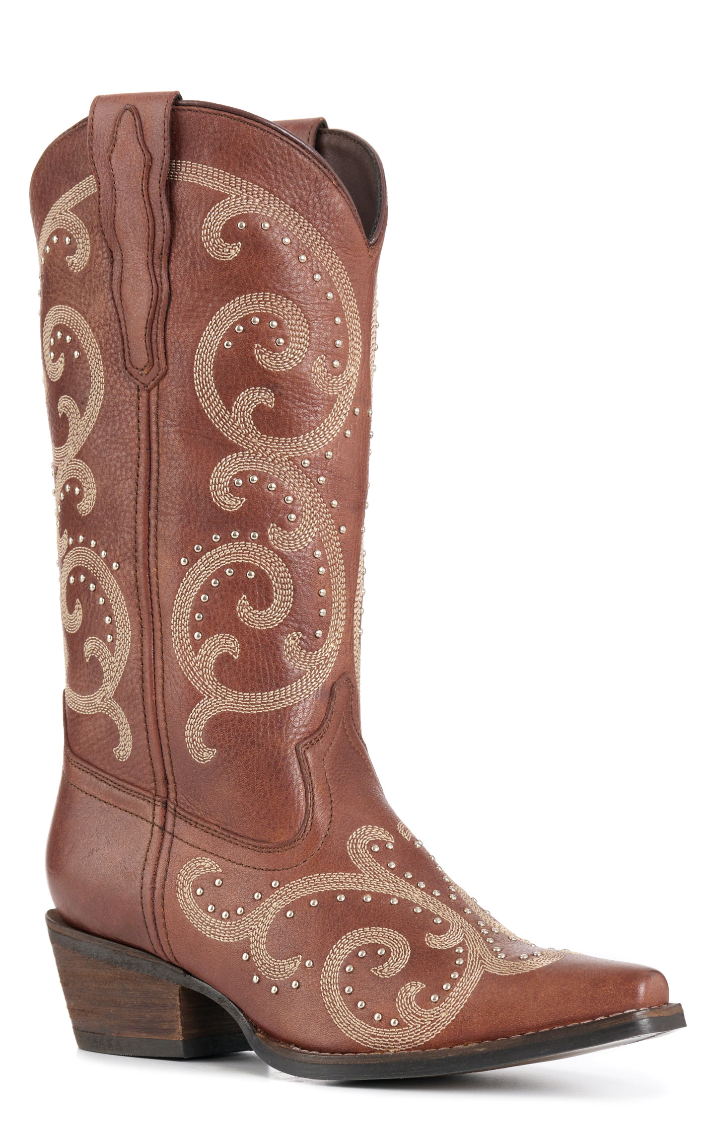 Rockin' C Women's Brown Crackle with Embroidery Snip Toe Cowboy Boots - Image 1