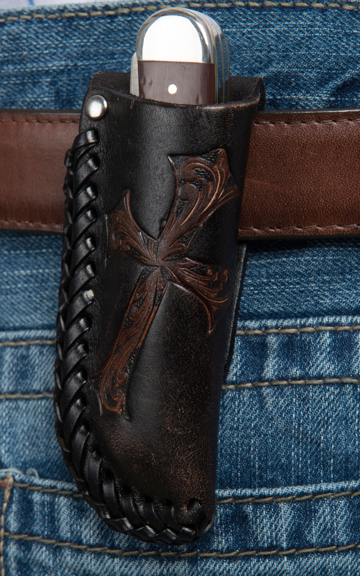 Nocona Black with Tooled Brown Cross Leather Knife Sheath - Image 1