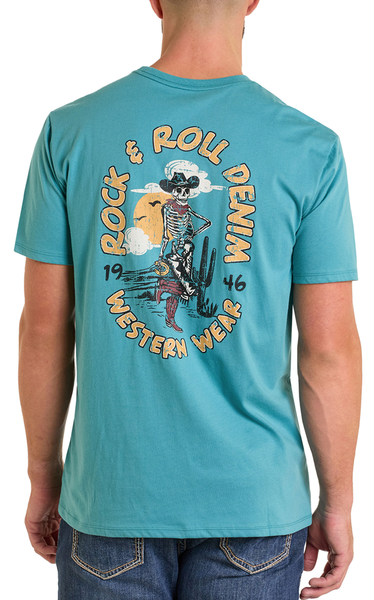 Rock & Roll Denim Men's Blue Cowboy Skeleton Print T-Shirt - Image 1