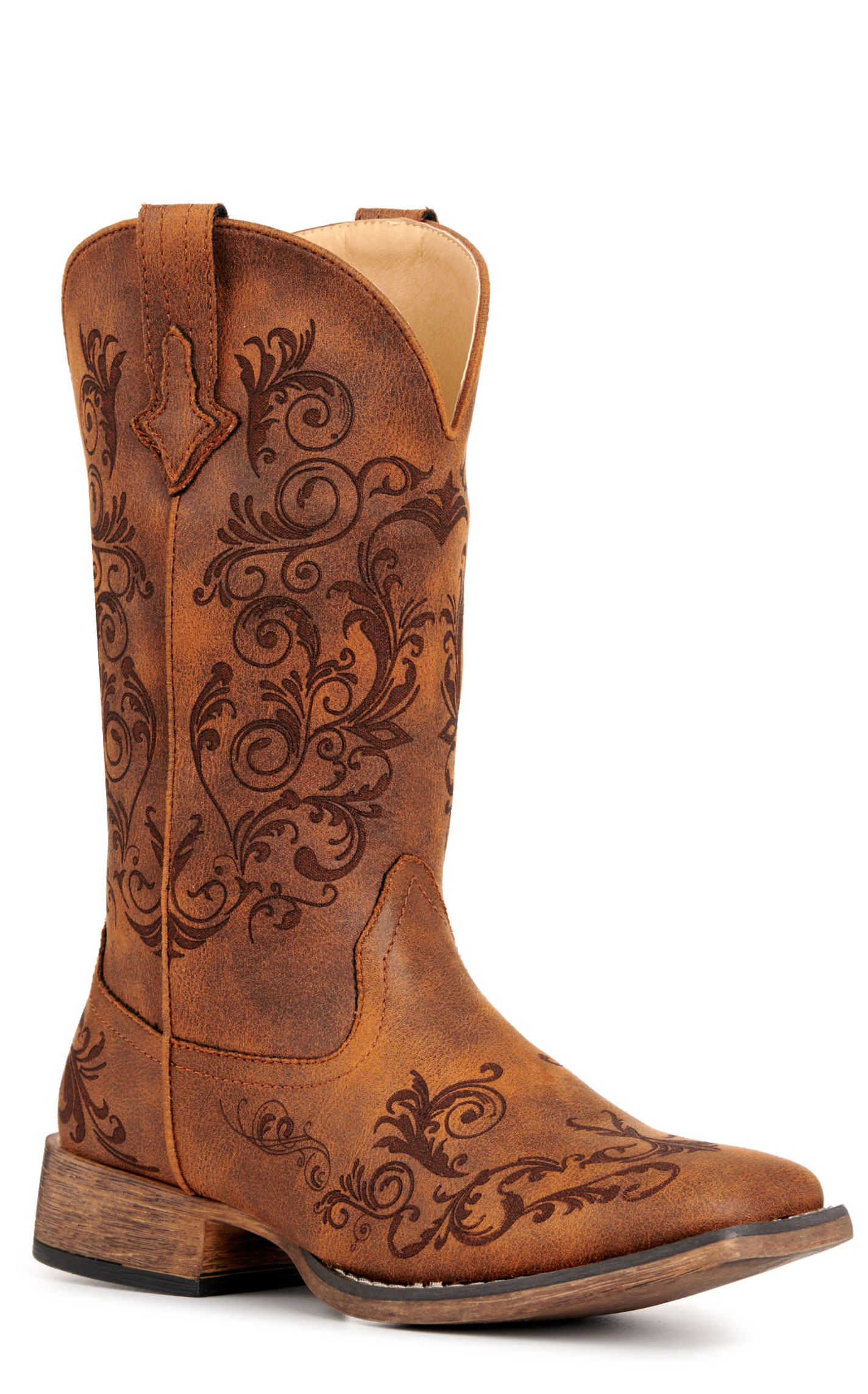 Roper Women’s Bailey Brown Laser-Etched Faux Leather Wide Square Toe Cowboy Boots - Image 1