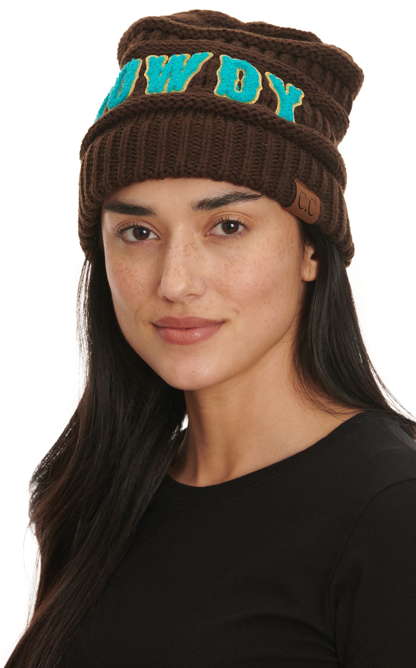 Girlie Girl & C.C. Brands Women's Dark Chocolate & Bling Howdy Letter Patch Beanie - Image 1