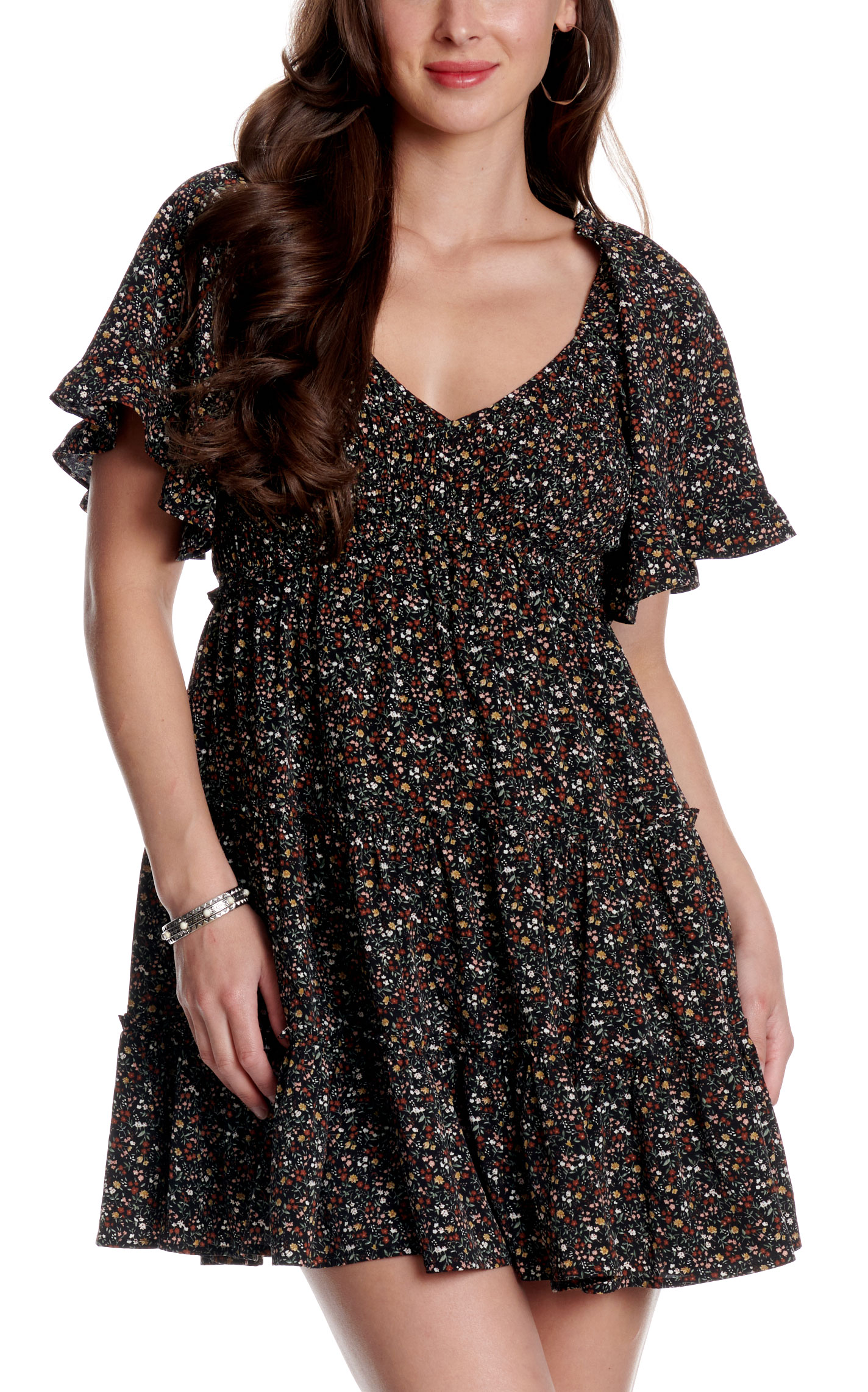 Yura Black Ditsy Floral Print Short Sleeve Dress - Image 1