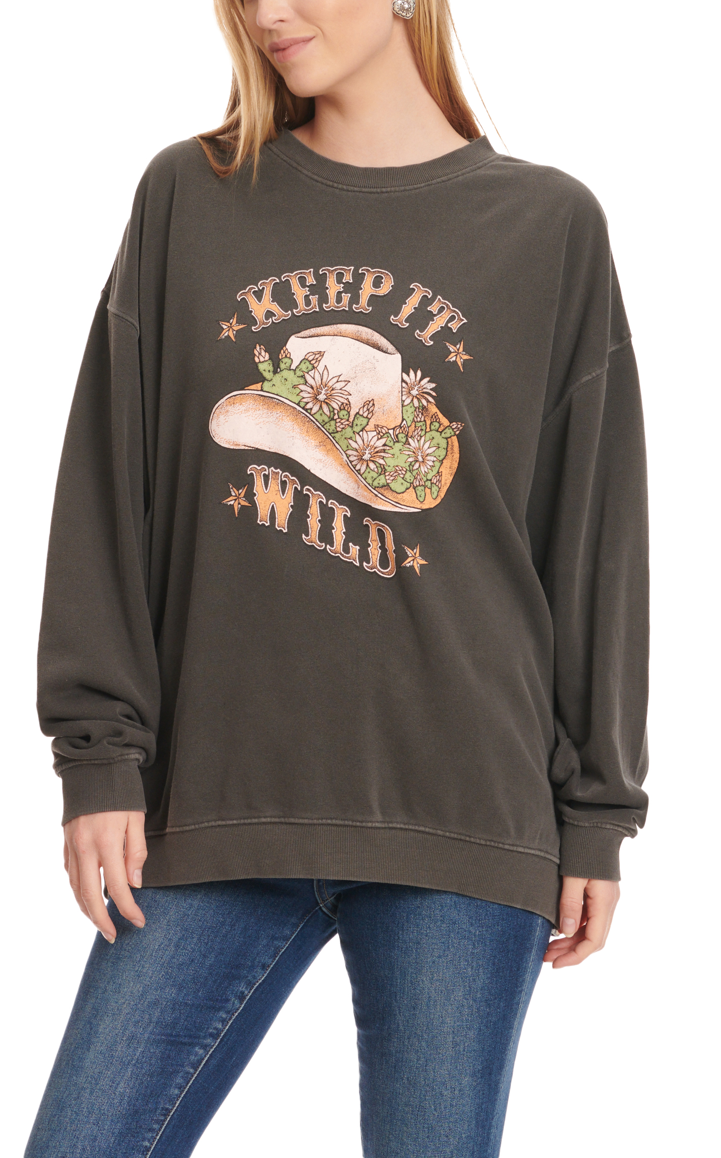 Double Zero Women's Charcoal Keep It Wild Graphic Long Sleeve Pullover - Image 1