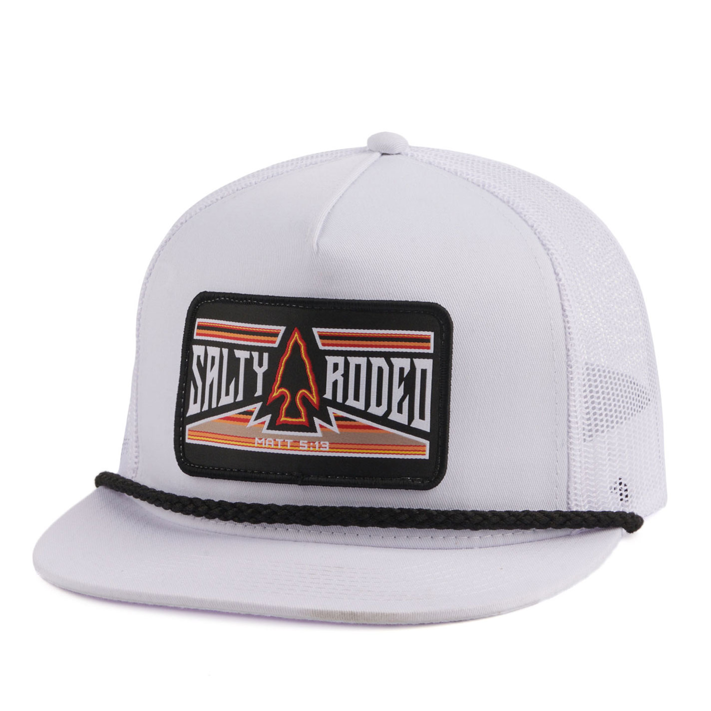 Salty Rodeo Men's White with Black with Orange Aztec & Arrowhead Rectangle Logo Patch Cap - Image 1