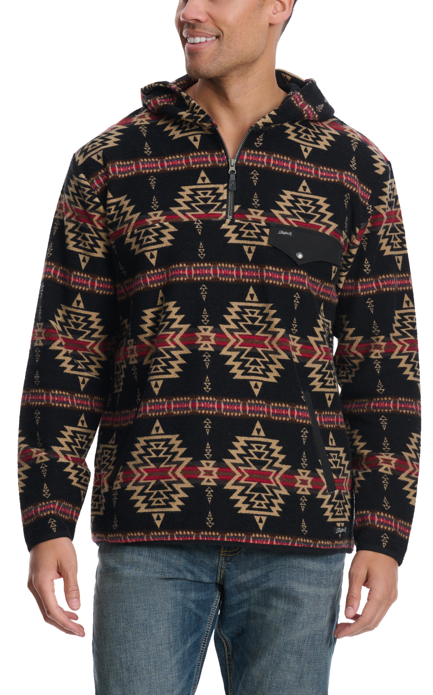Rafter C Men's Red Dirt Collection Black & Red Aztec 1/4 Zip Hoodie - Image 1
