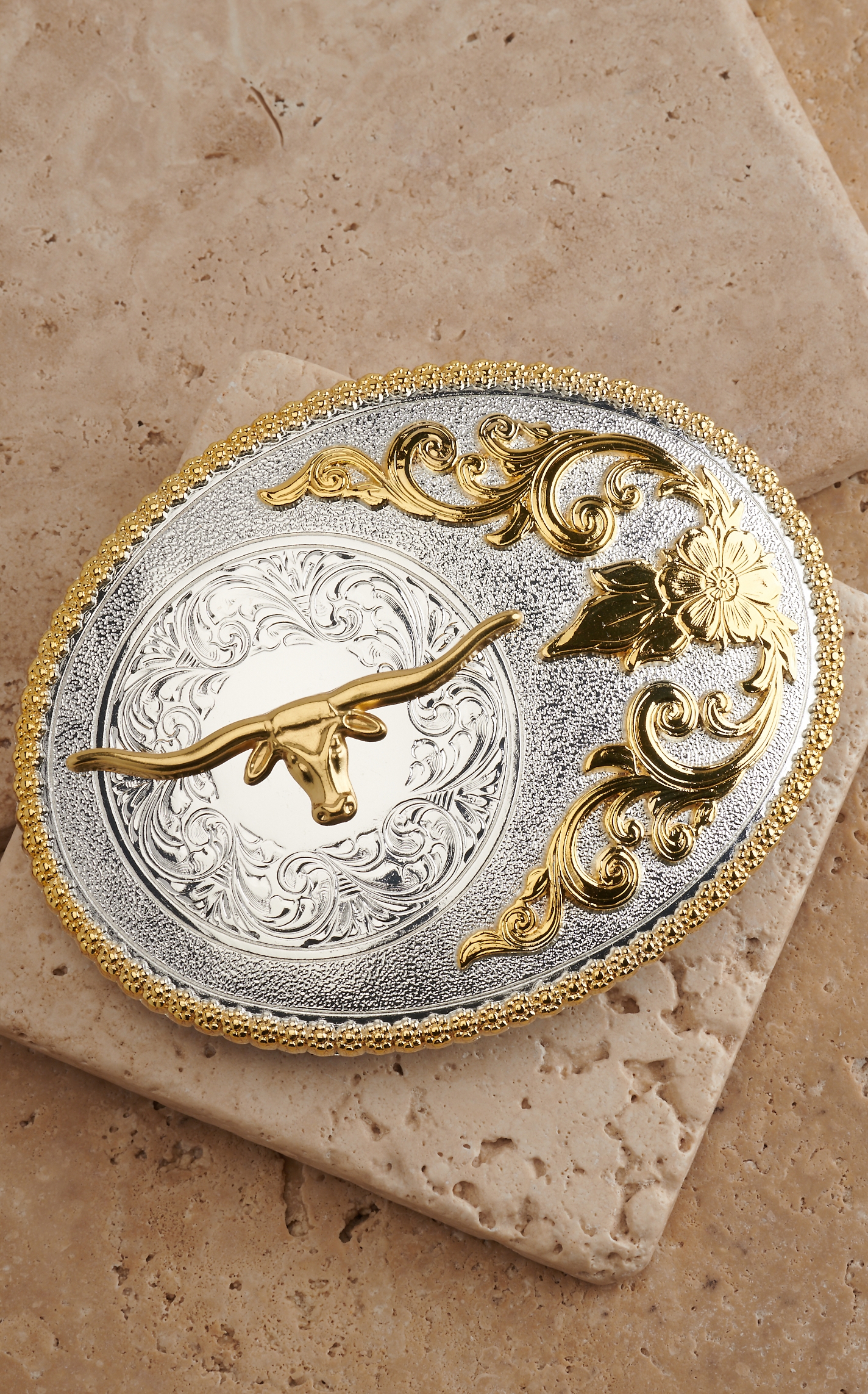 M&F Western Products Large Oval Boxed Gold Longhorn Silver Belt Buckle - Image 1