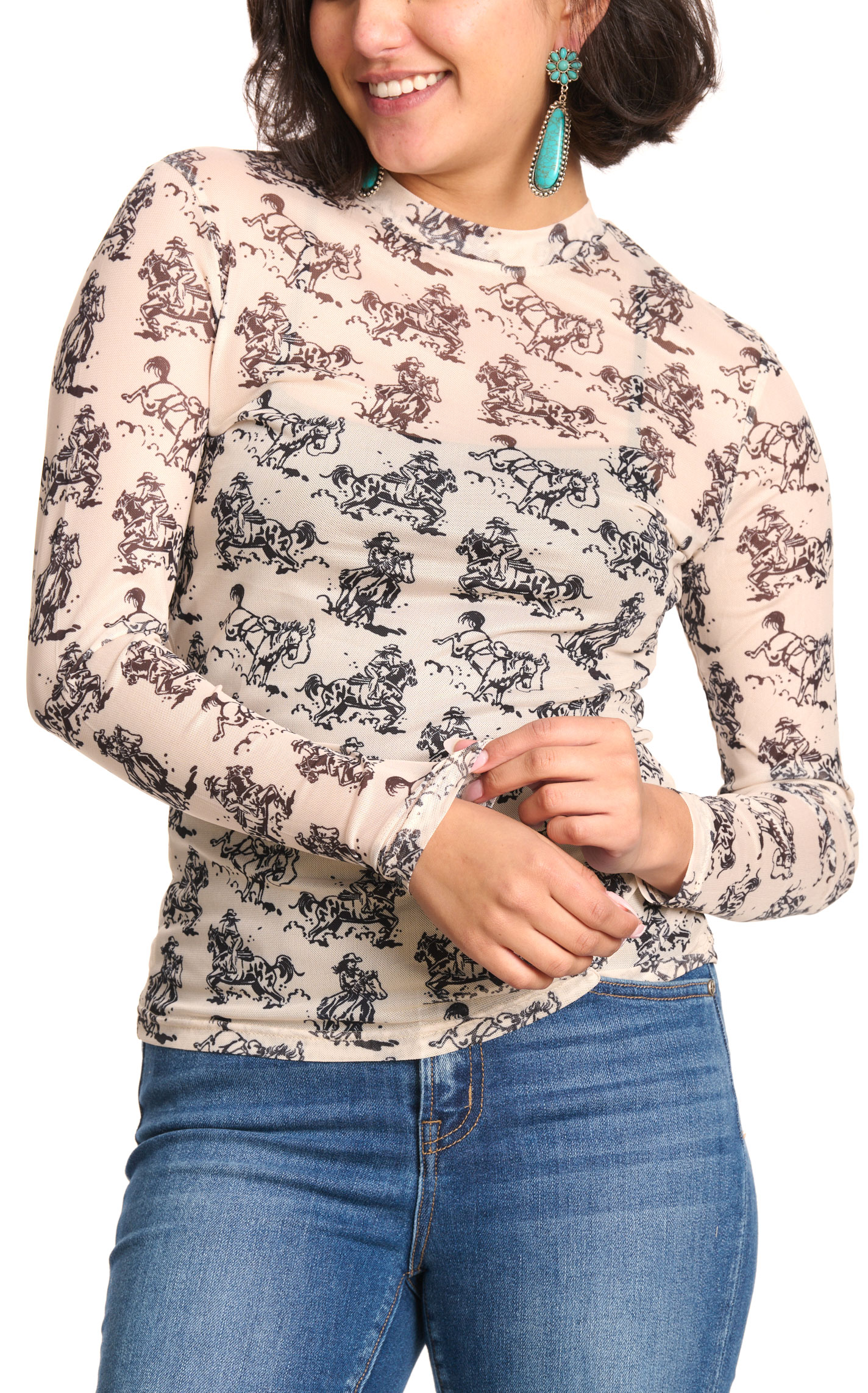 Turquoise Haven Women's Latte Vintage Print Mesh Top - Image 1