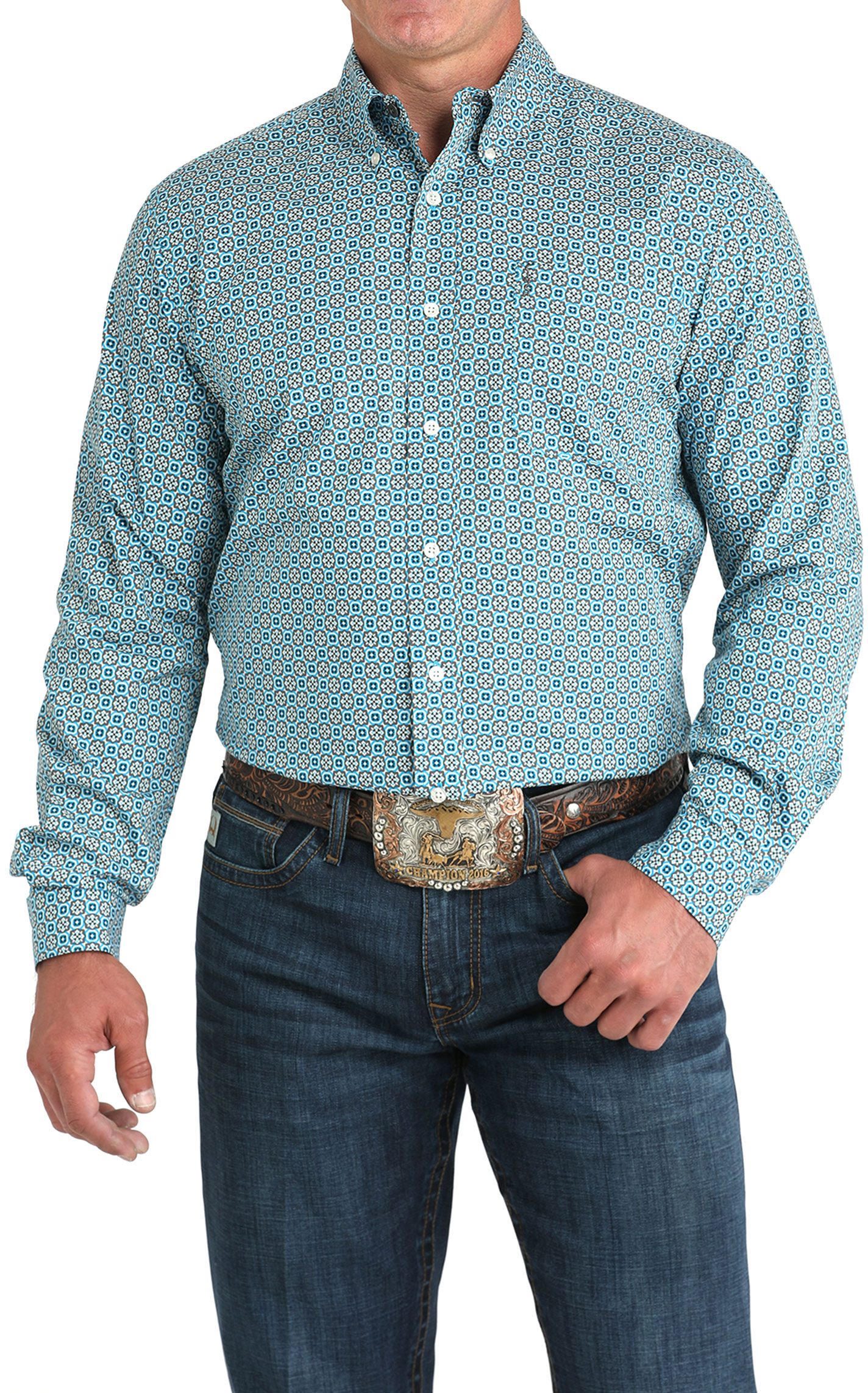 Cinch Men's Blue White & Black Geo Print Western Shirt - Image 1