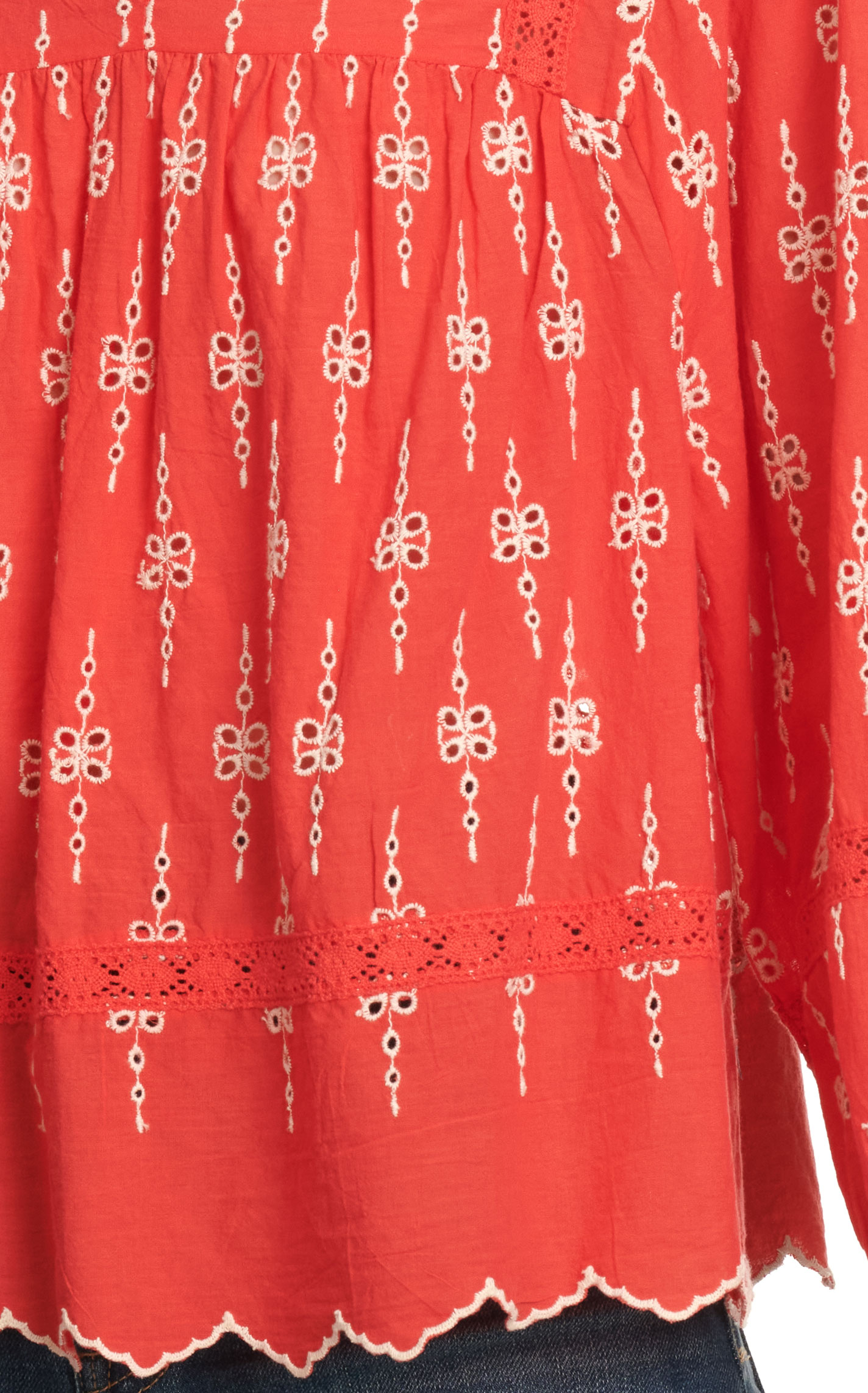Rockin' C Women's Red with Lace & Cream Eyelet Long Sleeve Top - Image 1