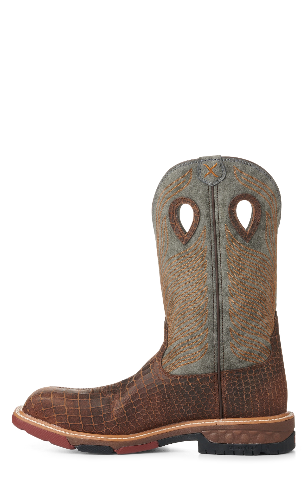 Twisted X Men's Brown Caiman Print Foot and Gray CellStretch Wide Square Composite Toe Work Boots - Image 1