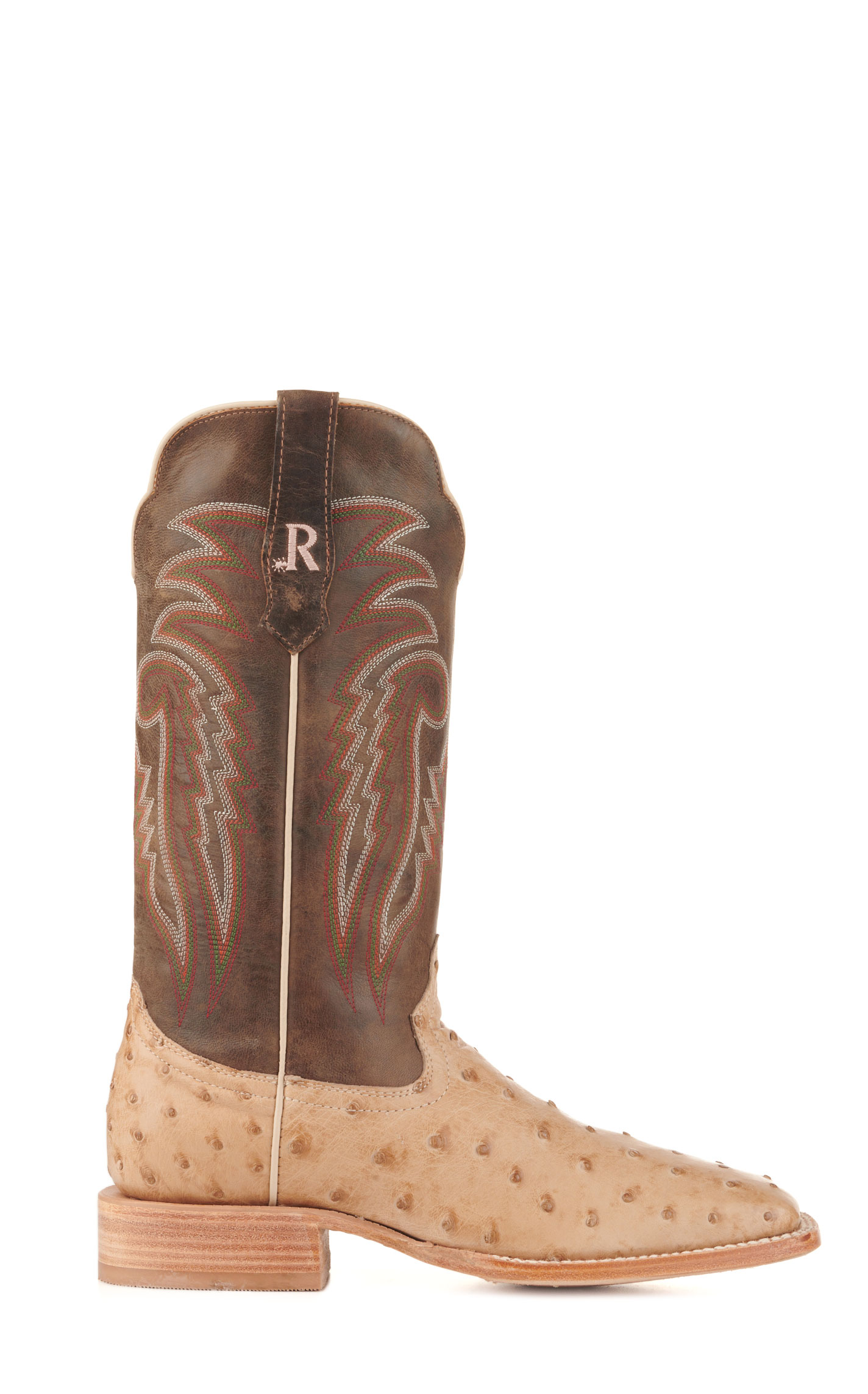 R. Watson Men's Sand Bruciato Full Quill Ostrich and Brown Wide Square Toe Cowboy Boots - Image 1
