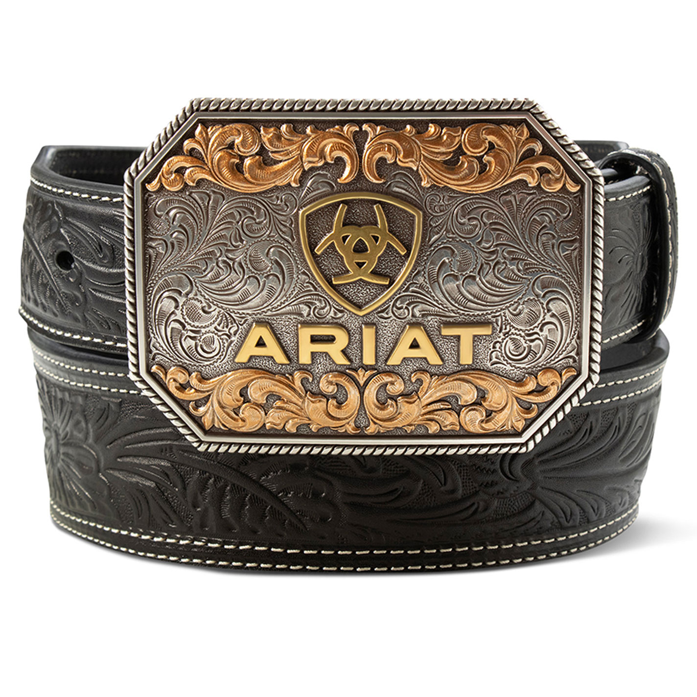 Ariat Men's Etched Buckle & Black Genuine Leather Tooled Belt - Image 1