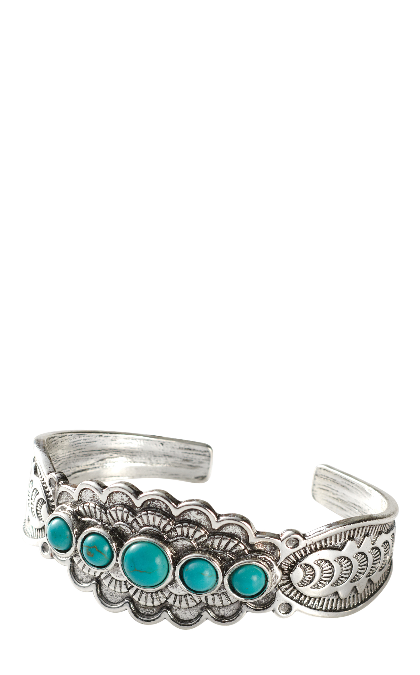 Southern Grace Silver Etched & Round Turquoise Stone Cuff Bracelet - Image 1