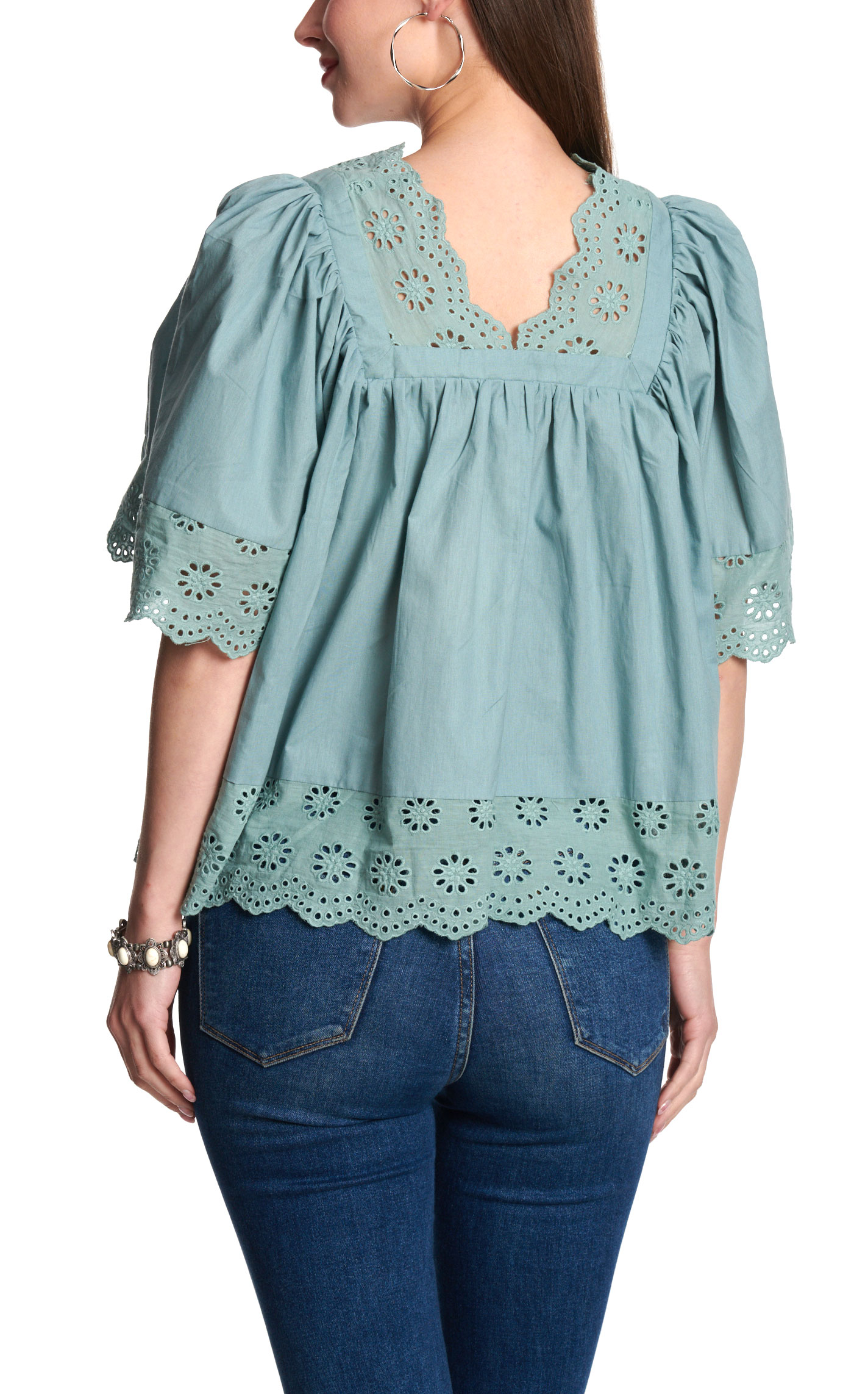 Rockin C Women’s Pale Blue Eyelet Ruffle Blouse - Image 1