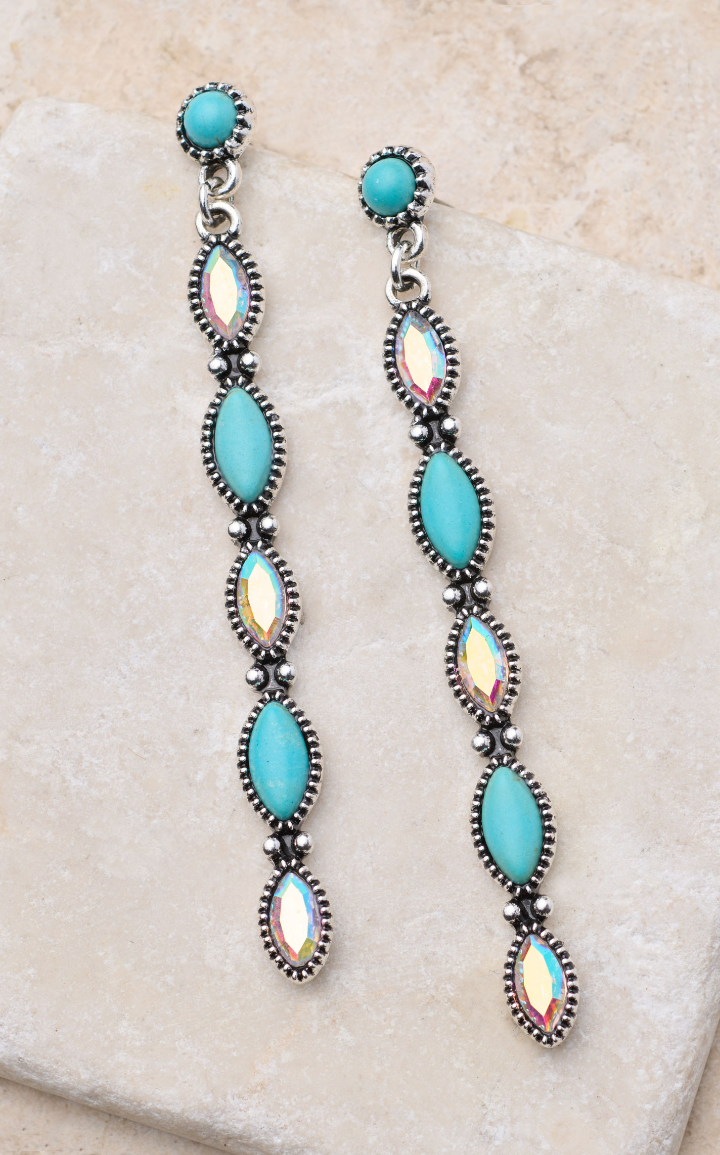 Southern Grace Silver Iridescent Crystal & Turquoise Bar Earrings - Image 1