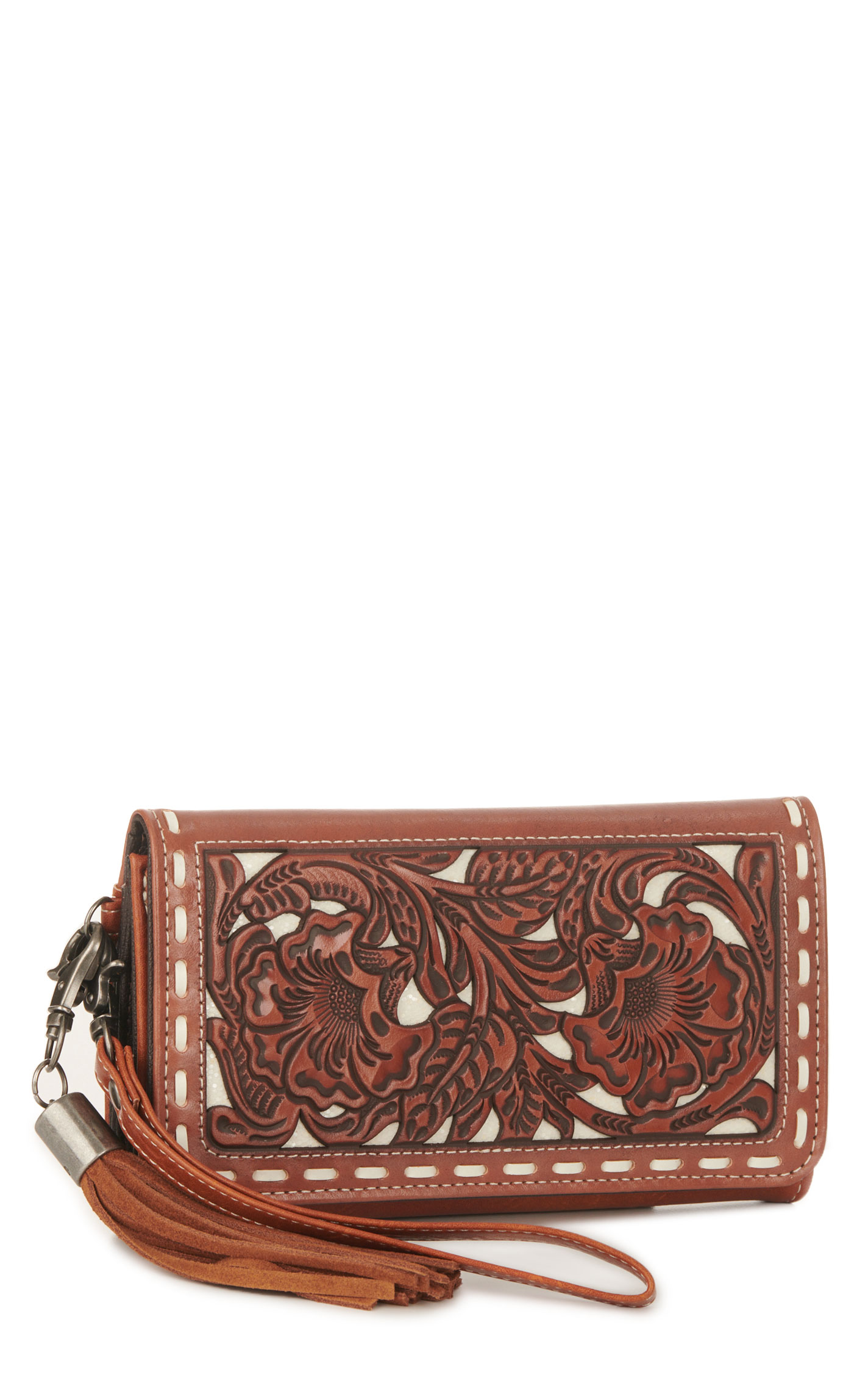 Nocona Cinnamon & Cream Underlay Floral Tooled Wristlet Wallet - Image 1