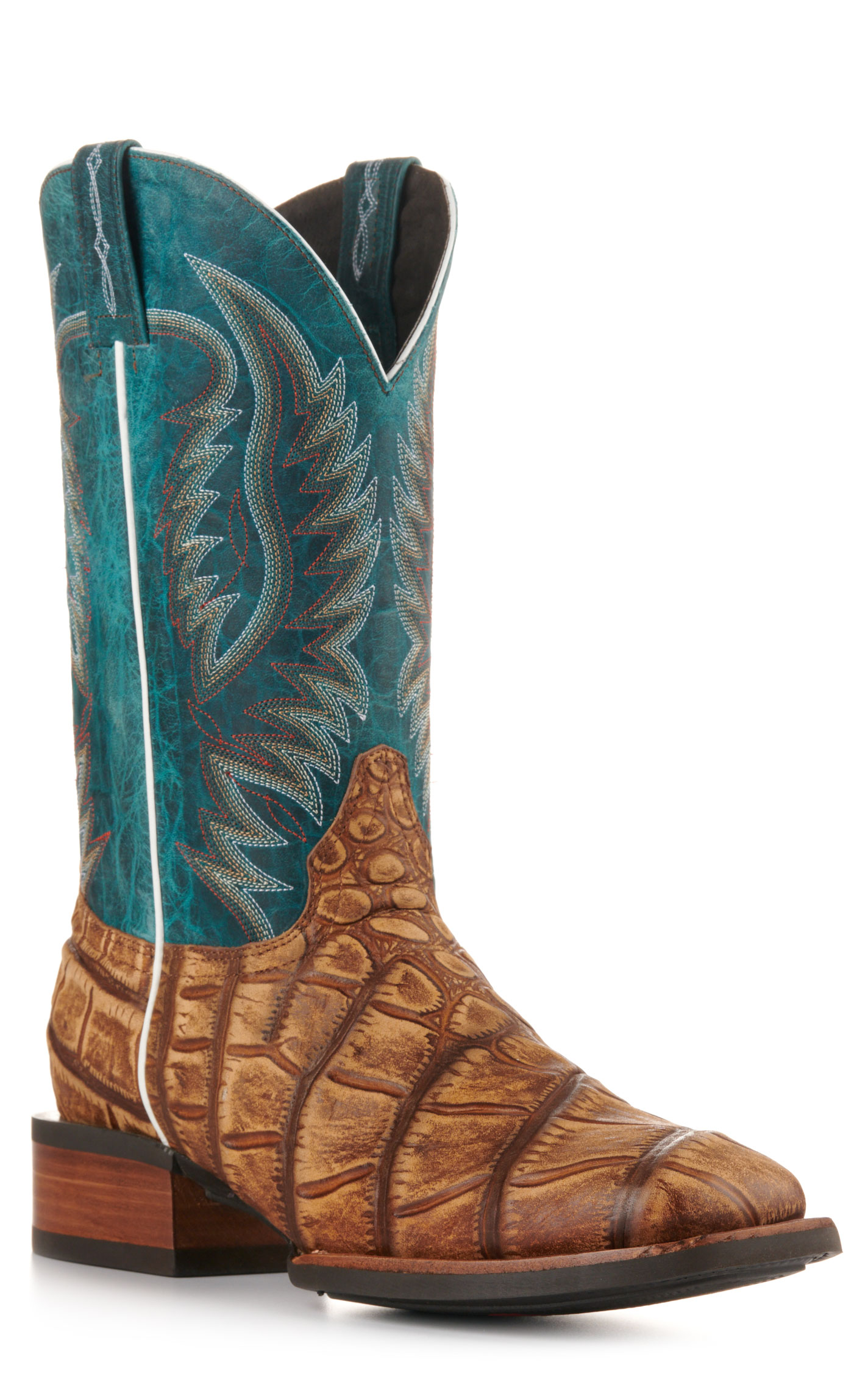 Cavender's Men's Intrepid Turquoise and Rustic Tan Alligator Print Wide Square Toe Cowboy Boot - Image 1