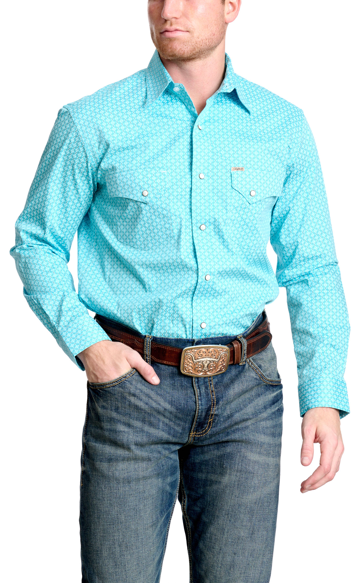 Rafter C Men's ProFlex45 Turquoise Geo Western Shirt - Image 1