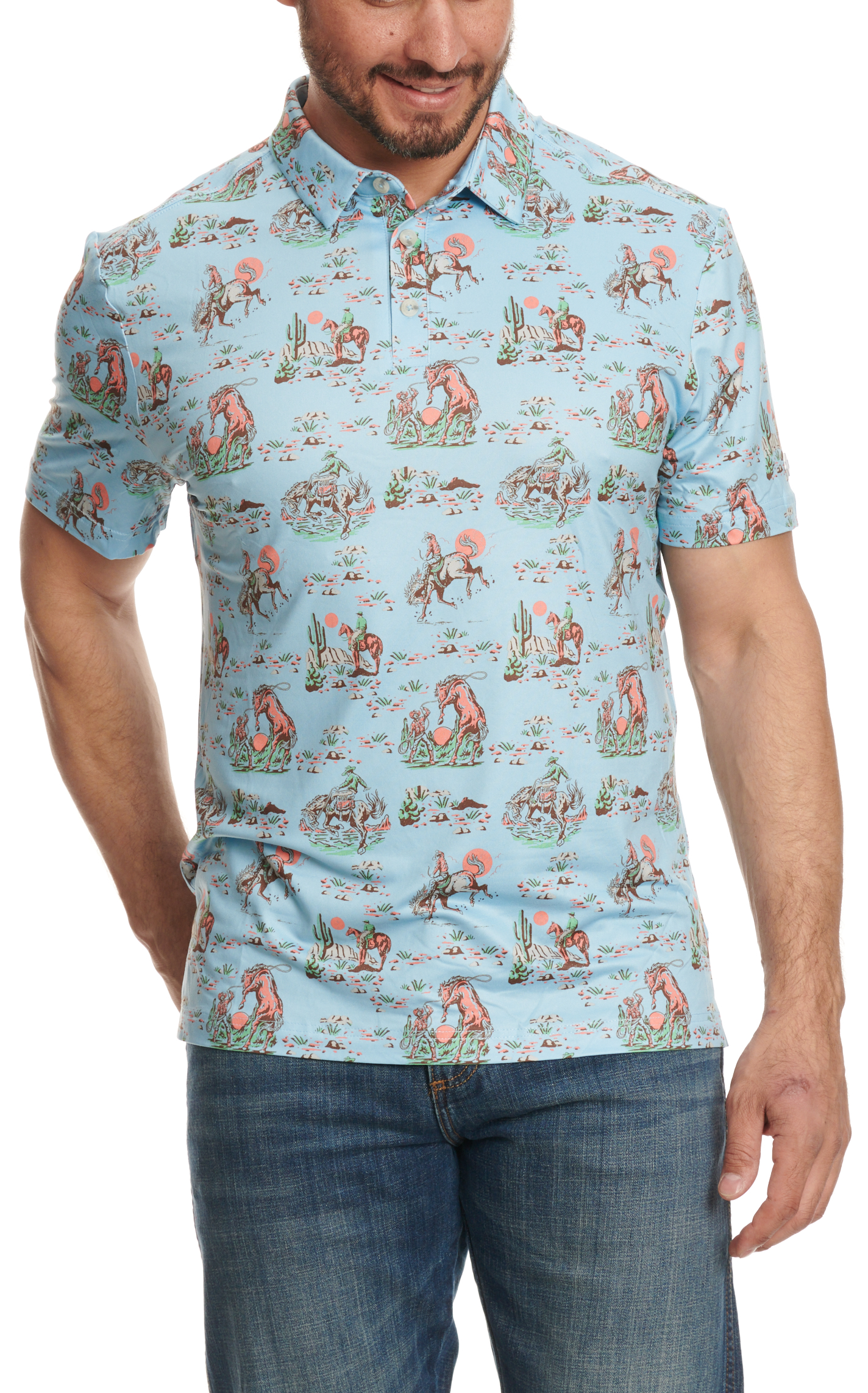 BURLEBO Men's Light Blue Cowboy Up Performance Polo - Image 1
