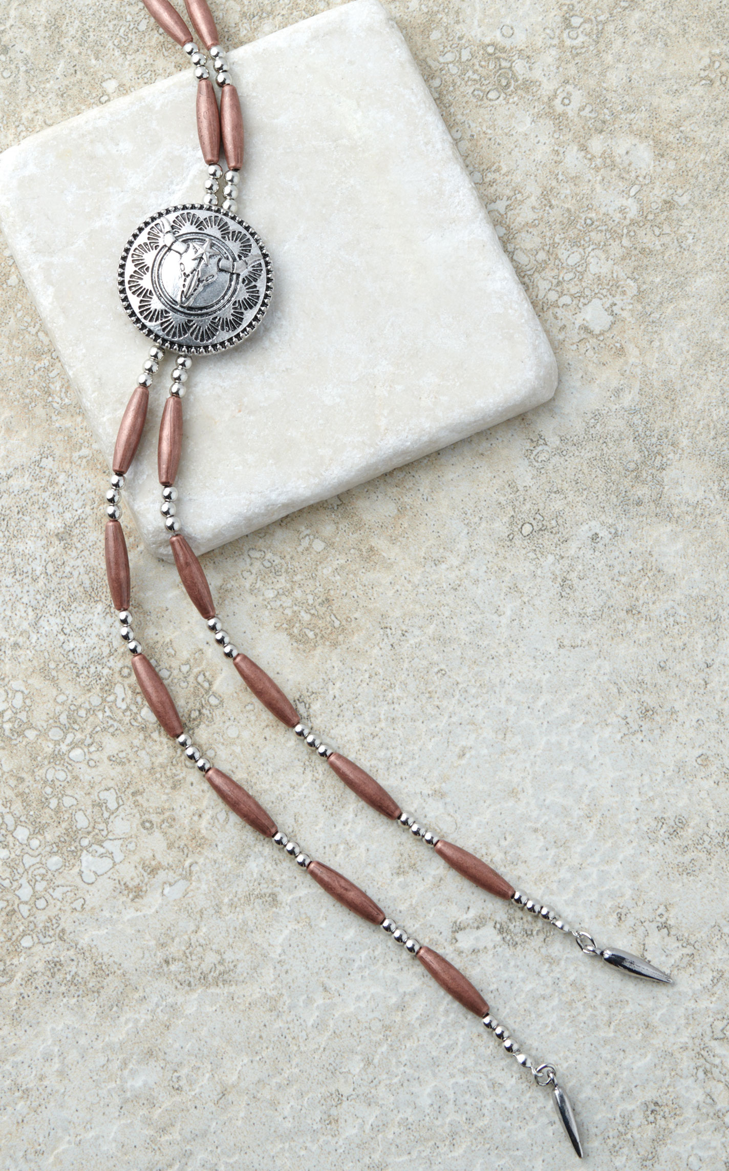 Cowgirl Confetti Etched Longhorn Concho Silver & Copper Beaded Bolo Style Necklace - Image 1
