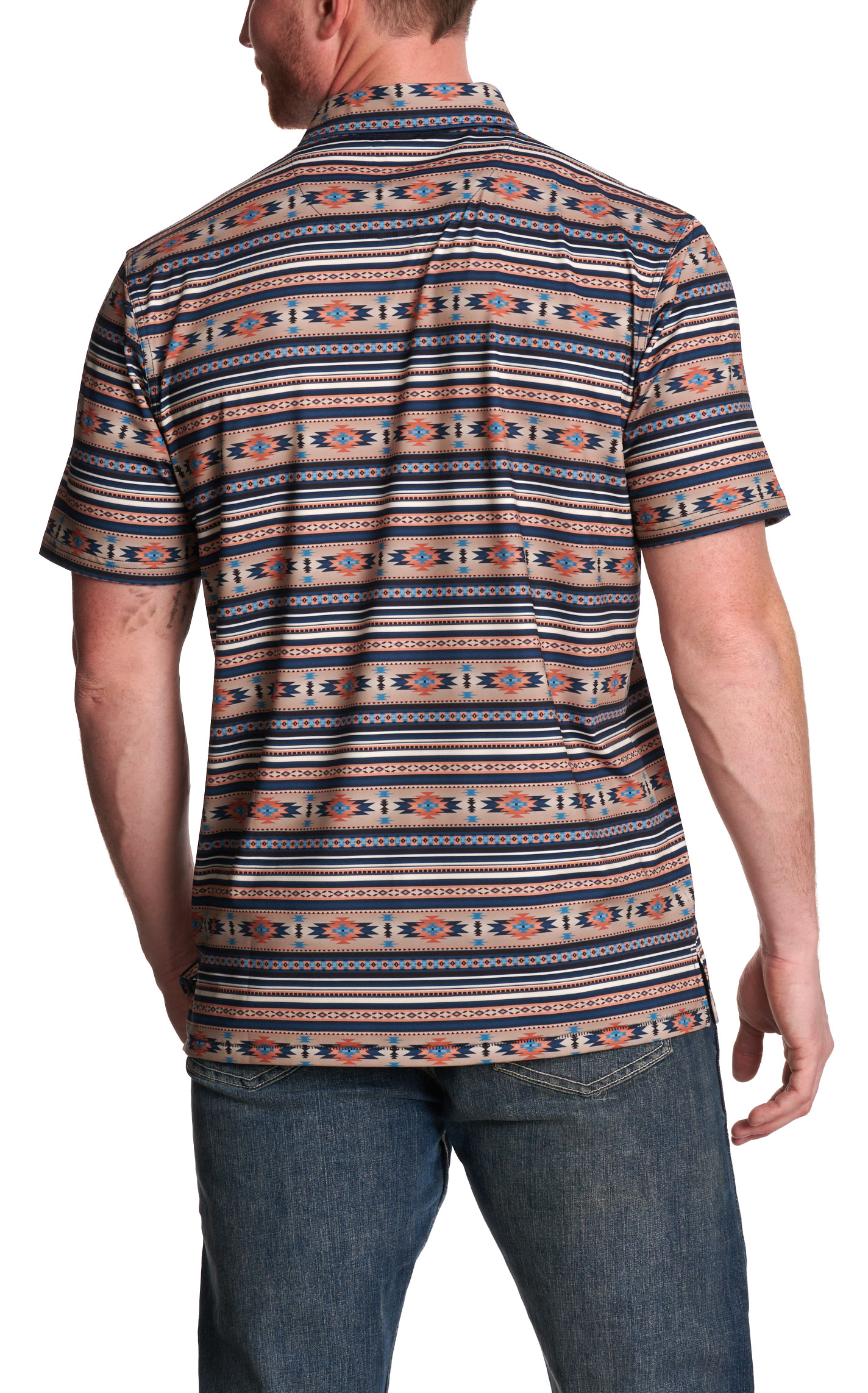 Rafter C Men’s Navy, Light Blue & Tan Aztec Polo Shirt - Image 1