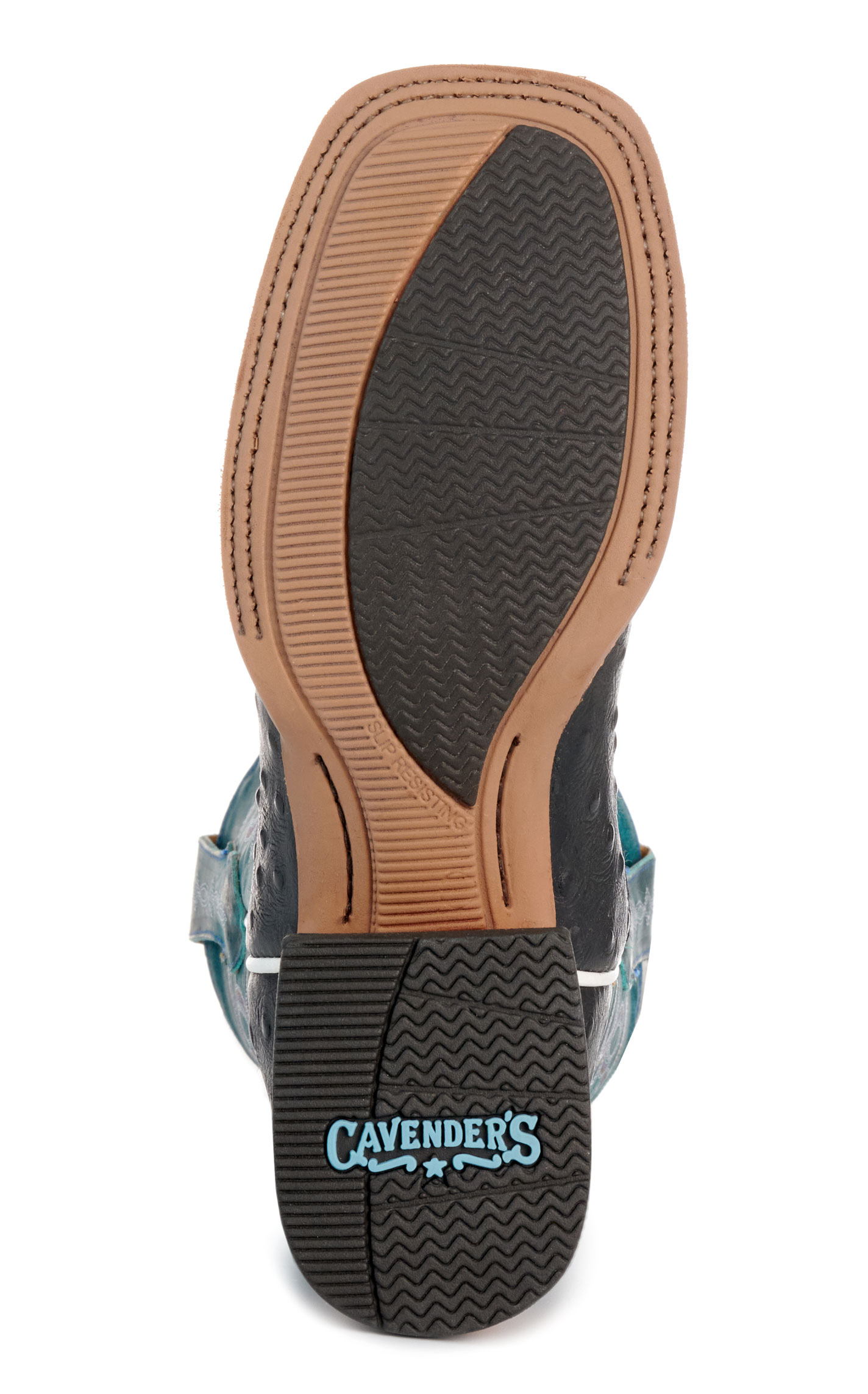 Cavender’s Women’s Intrepid Black Ostrich Print and Turquoise Wide Square Toe Cowboy Boots  - Image 1