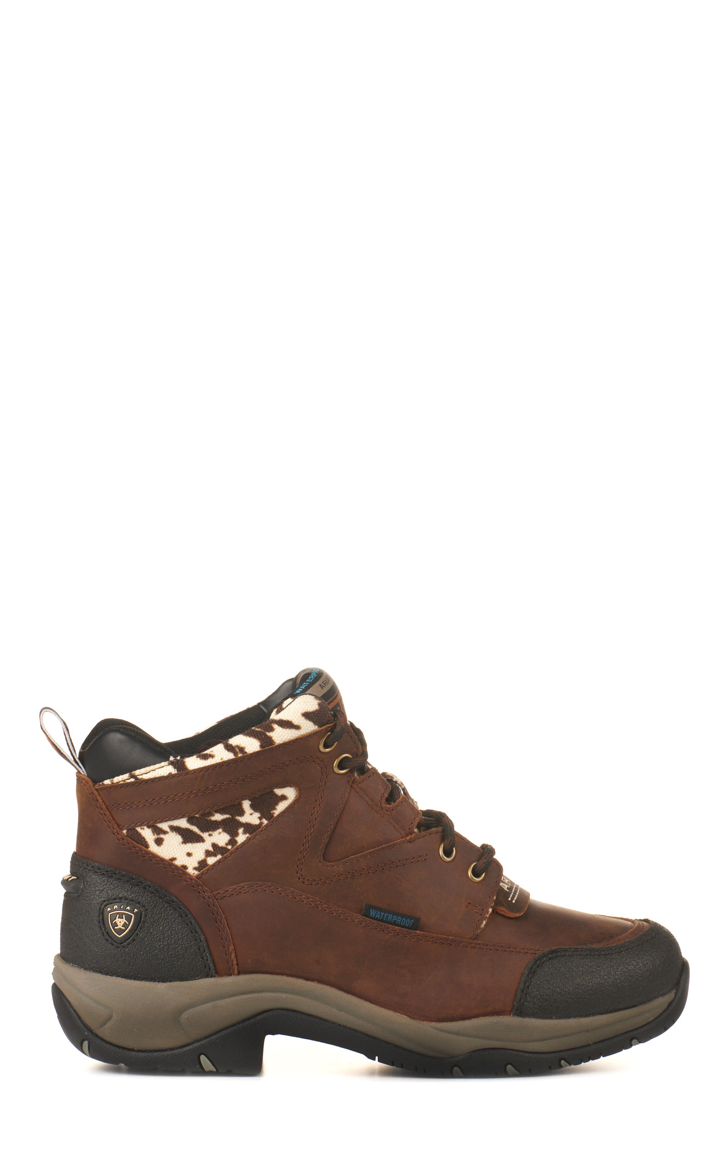 Ariat Women's Terrain Distressed Brown and Cow Print Waterproof Round Toe Lace Up Shoe - Image 1