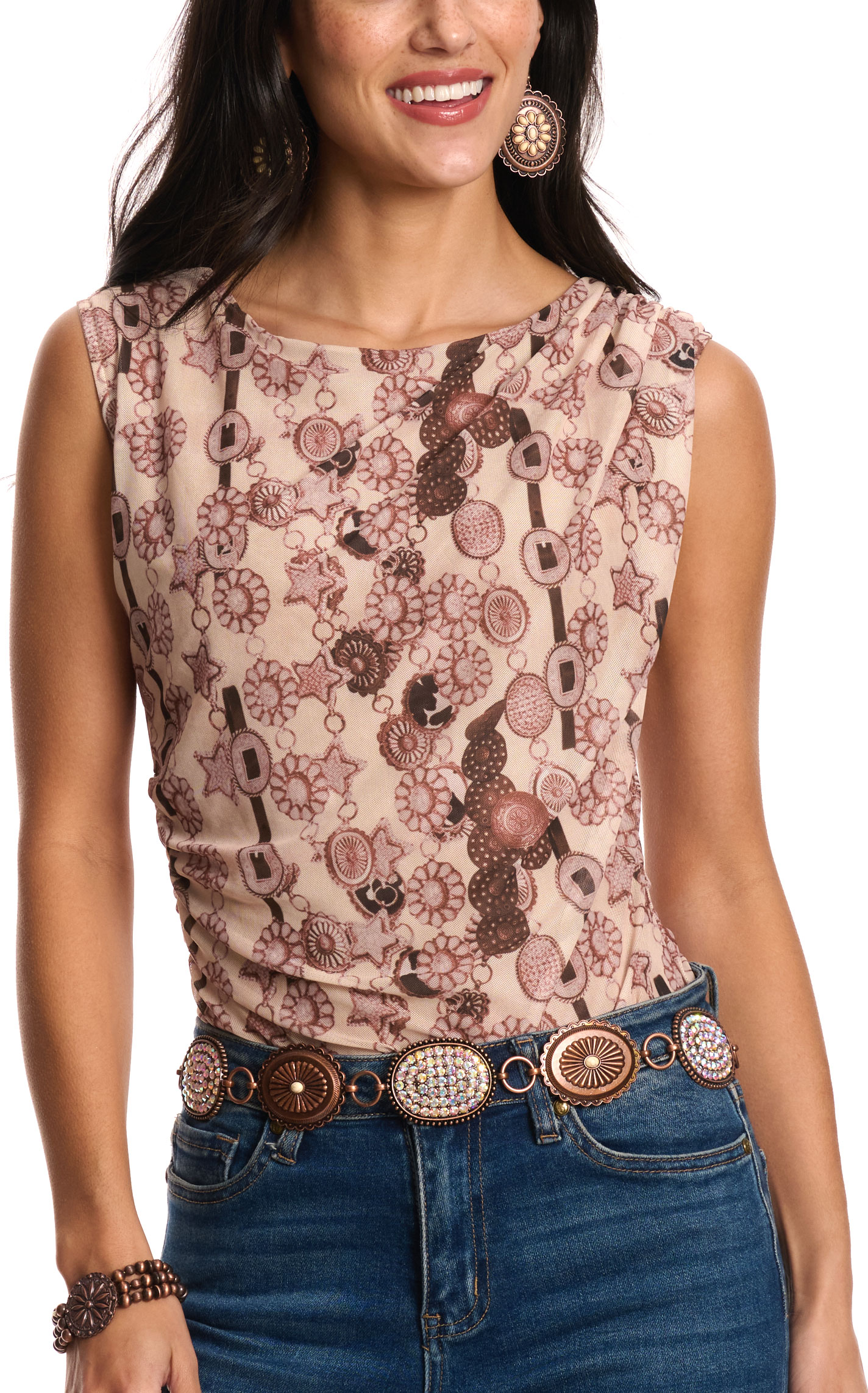 Southern Grace Women's Peachy Concho Belt Print Mesh Bodysuit - Image 1