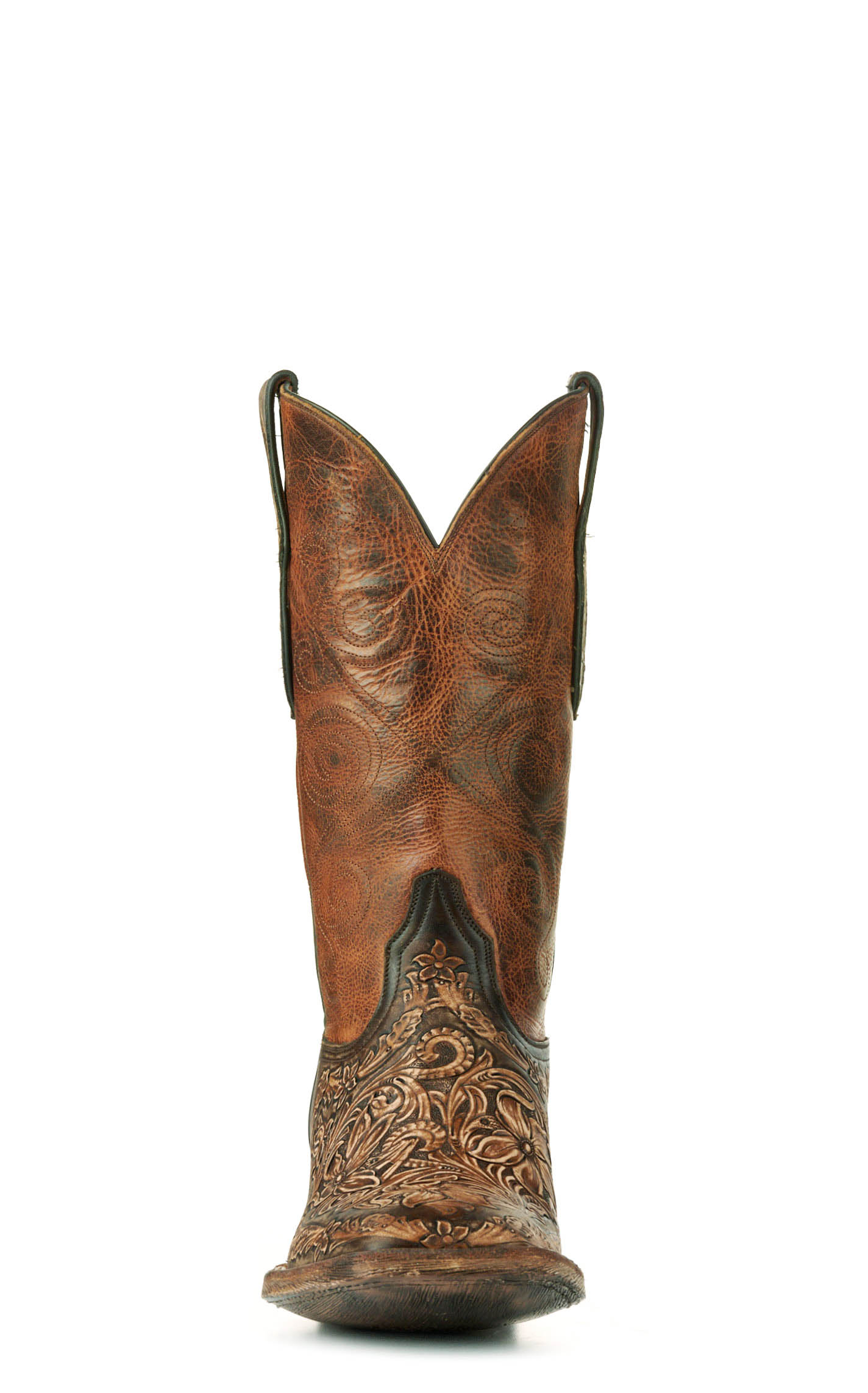 Black Jack Men's Brandy and Antique Brown Hand Tooled Wide Square Toe Cowboy Boots - Image 1